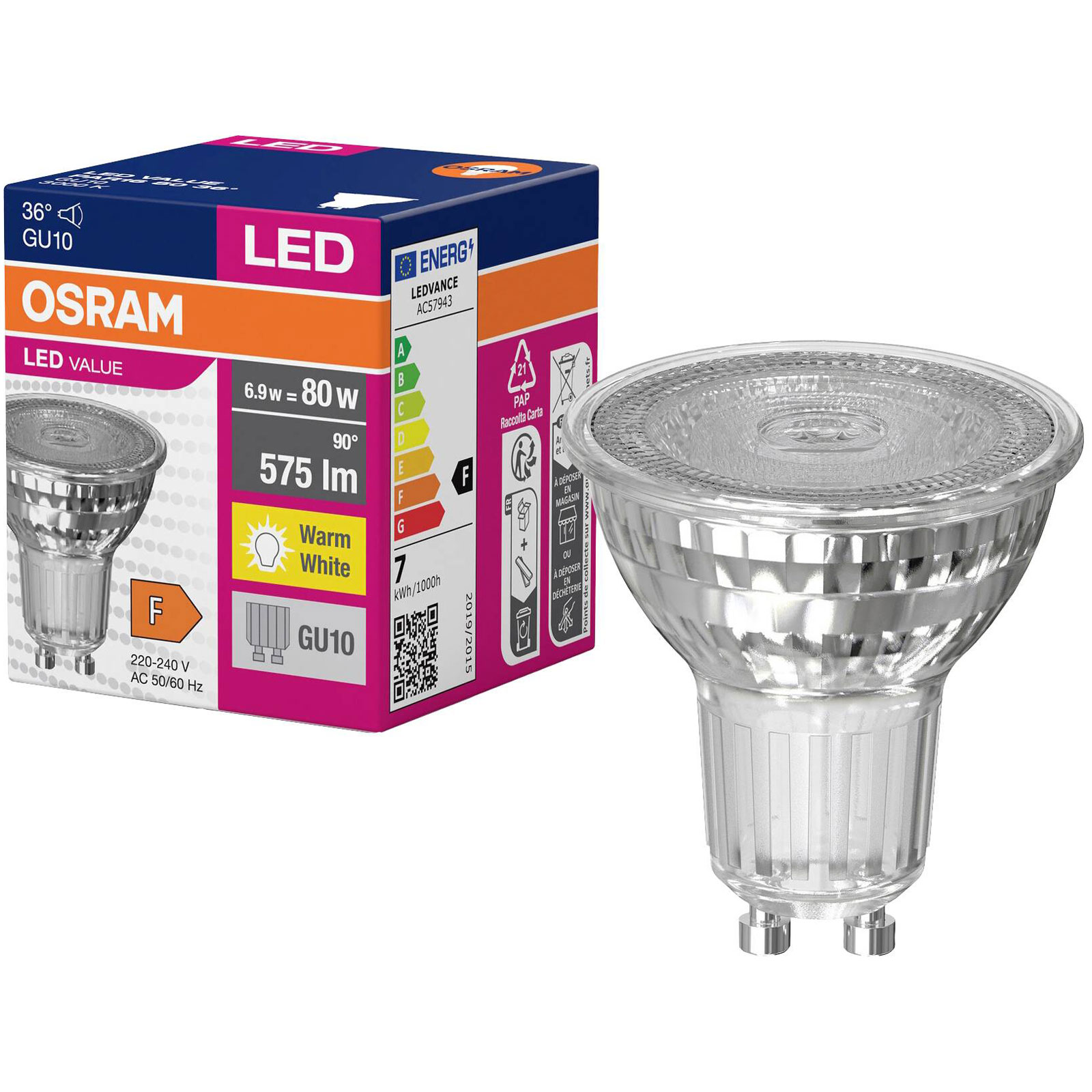 OSRAM 4058075096646 Valore LED PAR16 6.9W 830 GU10 Bulb
