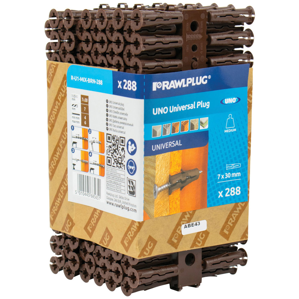 Rawlplug R-U1-MIX-BRN-288 Brown UNO® Plugs 7 x 30mm (Pack 288)