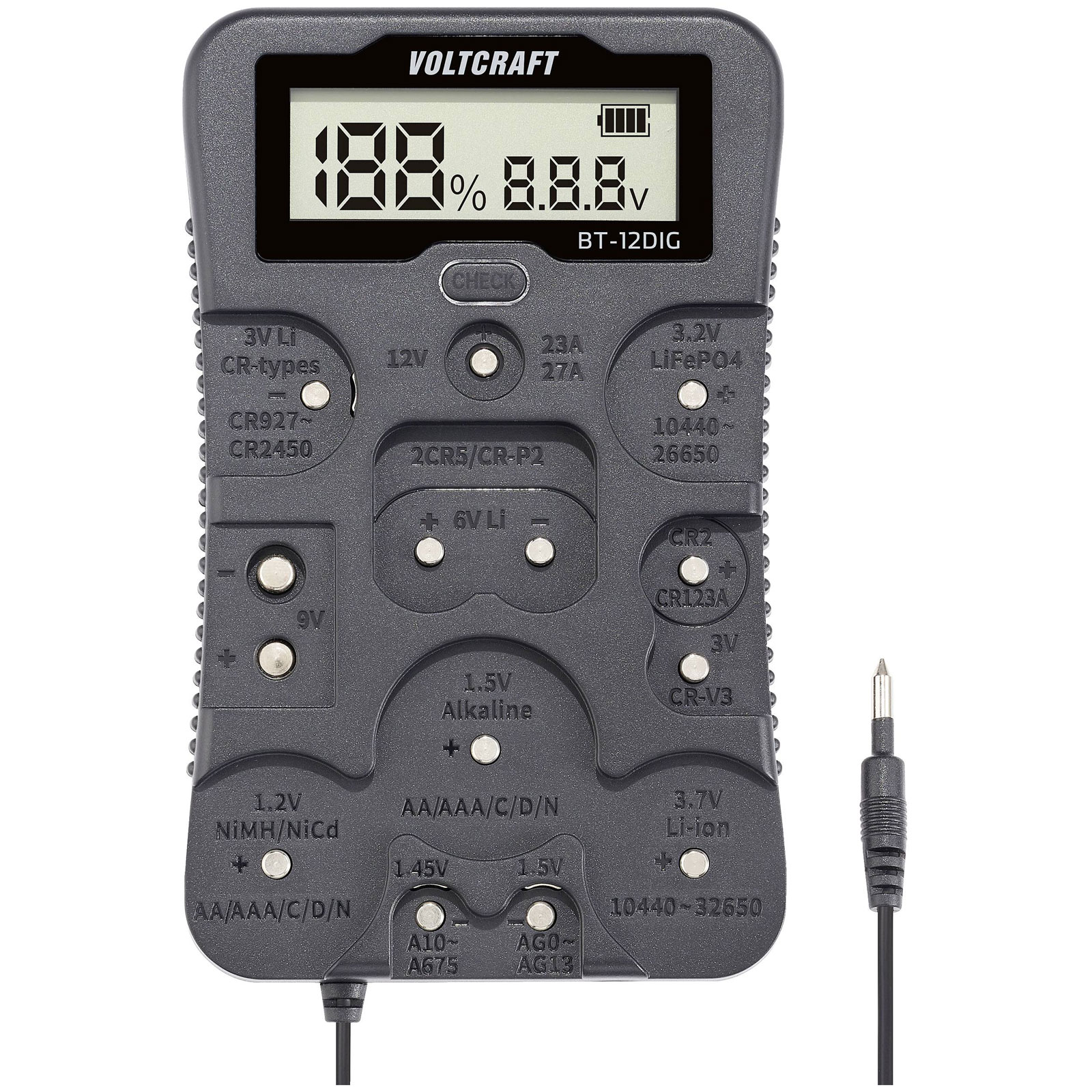 VOLTCRAFT Battery tester BT12DIG reading range1.2 V.5 V 3 V 3.7 Vmu