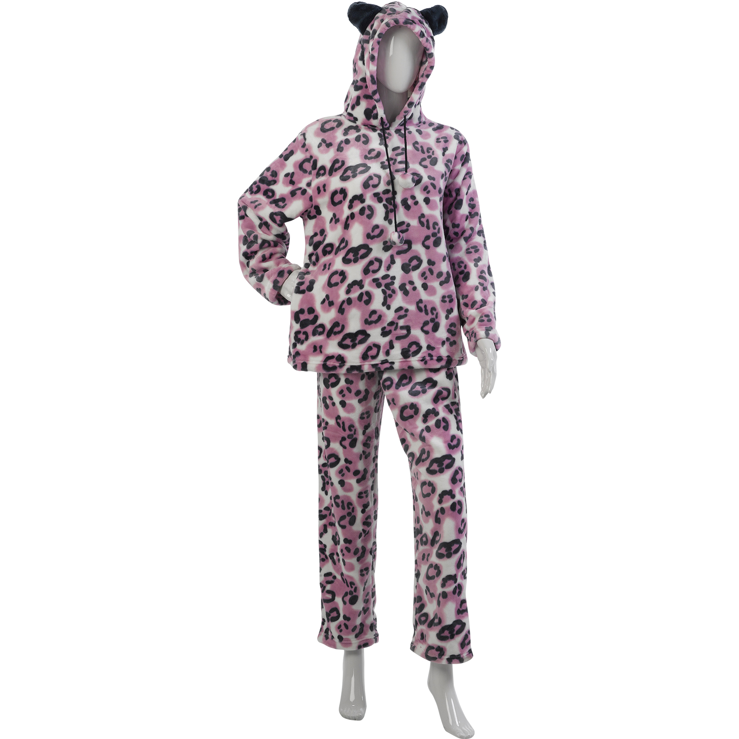 Slenderella Womens Animal Print Thick Fleece Pyjamas Warm Loungewear Hooded PJs - Picture 4 of 11