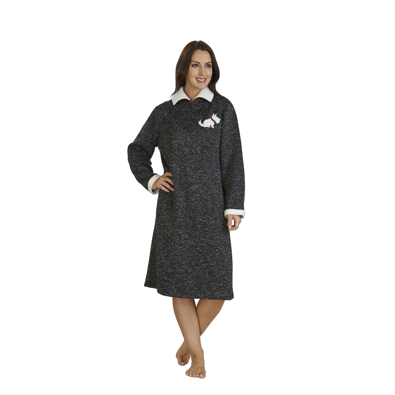 Camicia da notte donna Slenderella maglia Marl Scottie cane manica lunga pile nighty - Foto 12 di 34