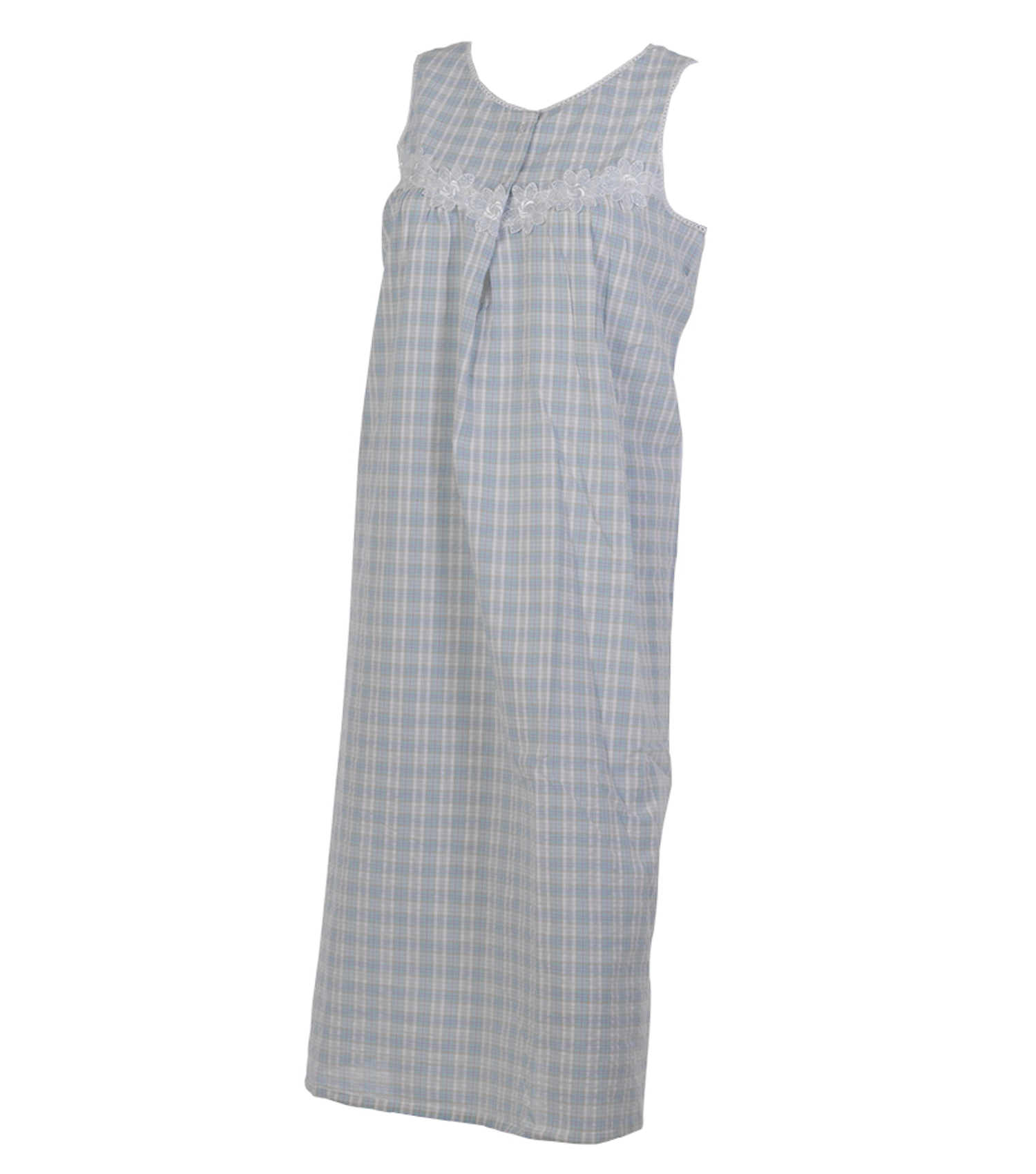 Ladies Seersucker Check Sleeveless Nightdress 100% Cotton Floral Lace Nightie - Picture 14 of 23
