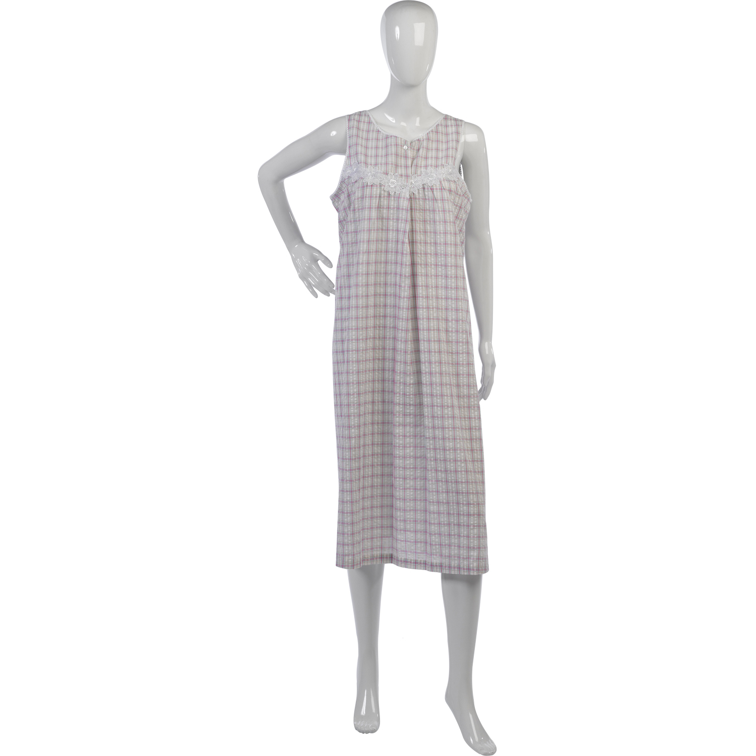 Ladies Seersucker Check Sleeveless Nightdress 100% Cotton Floral Lace Nightie - Picture 19 of 23