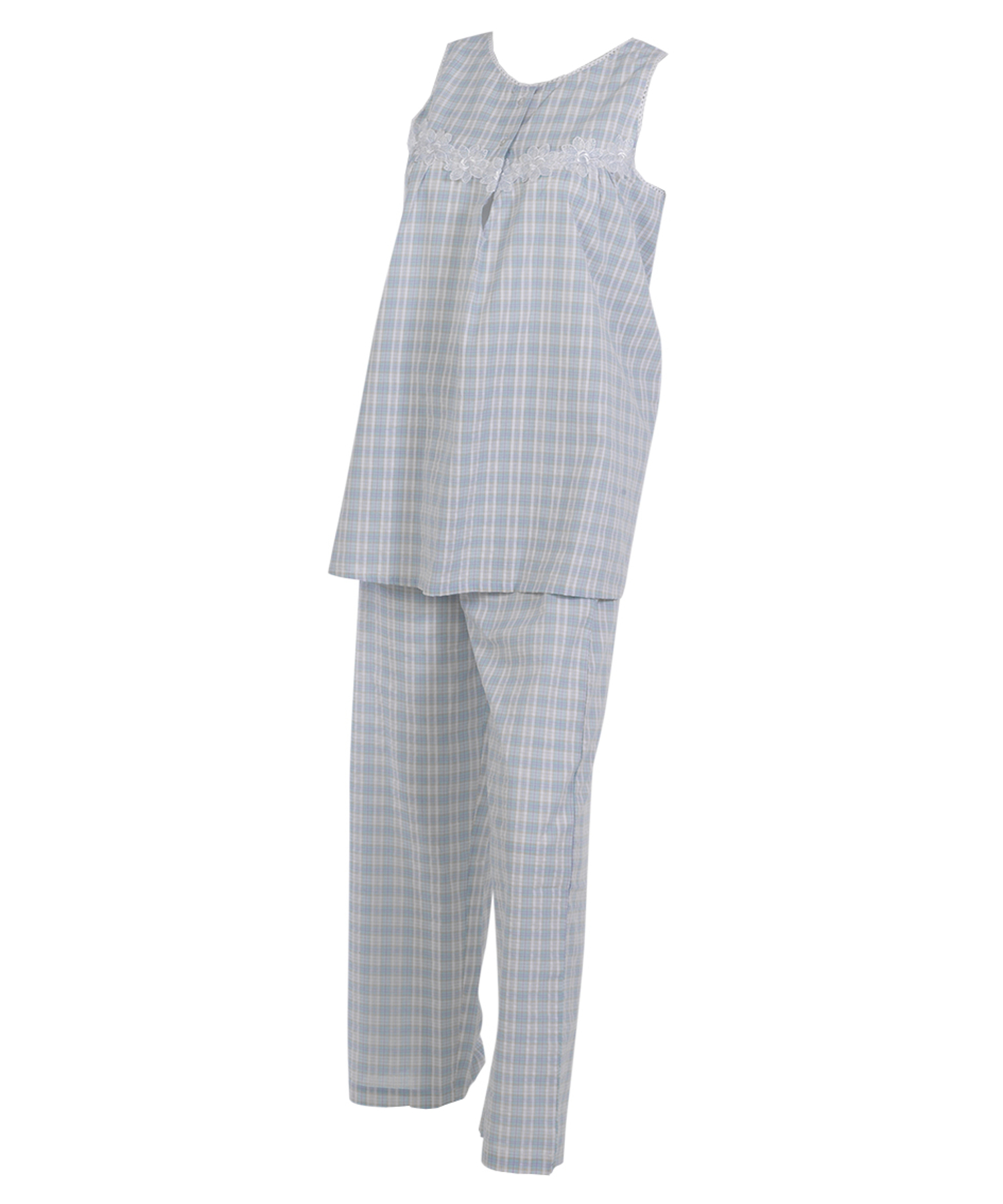 Womens Cotton Seersucker Check Pyjamas Sleeveless Top PJ Bottoms Set Small - Picture 14 of 19