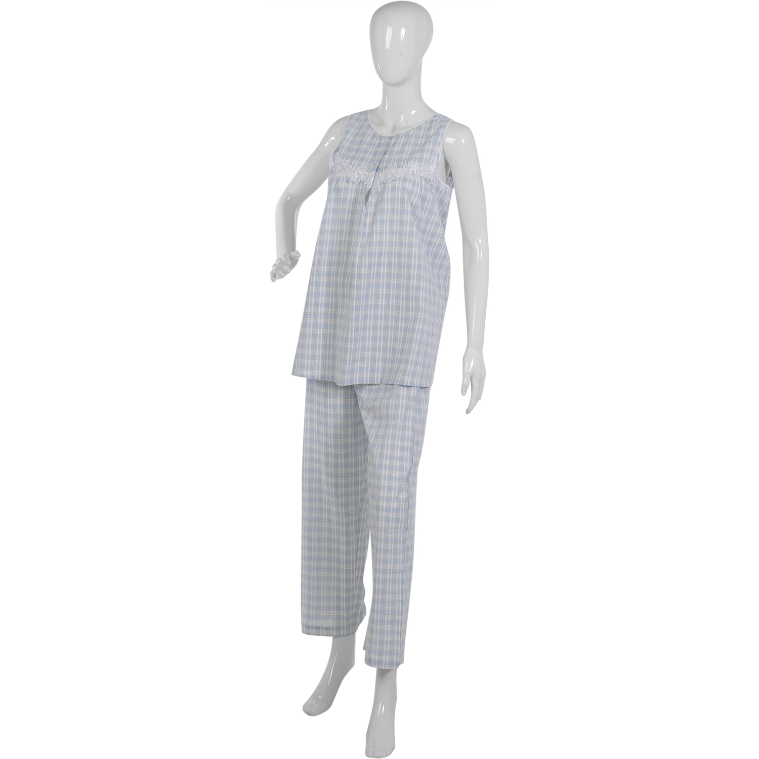 Womens Cotton Seersucker Check Pyjamas Sleeveless Top PJ Bottoms Set Small - Picture 13 of 19