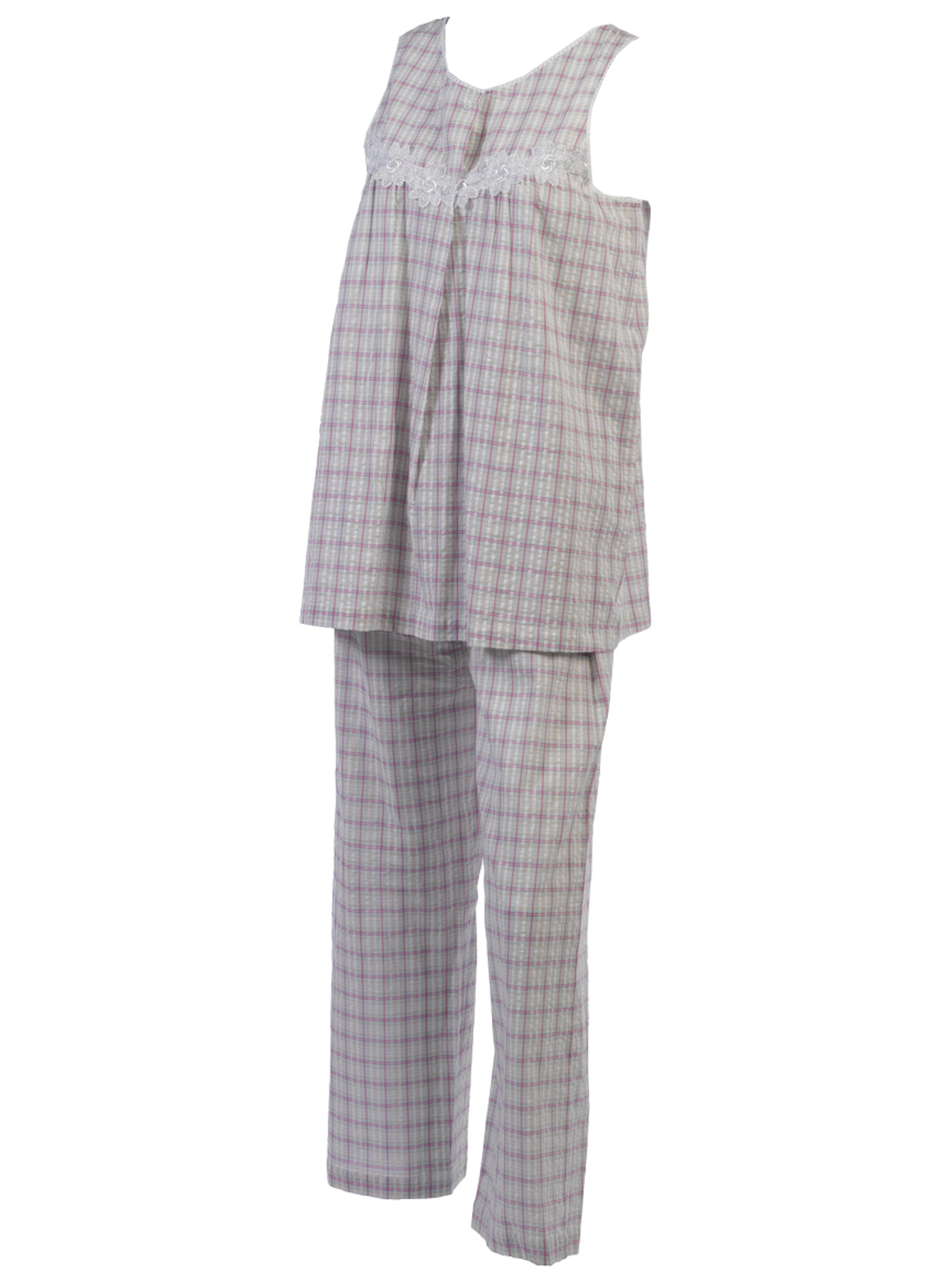 Womens Cotton Seersucker Check Pyjamas Sleeveless Top PJ Bottoms Set Small - Picture 19 of 19