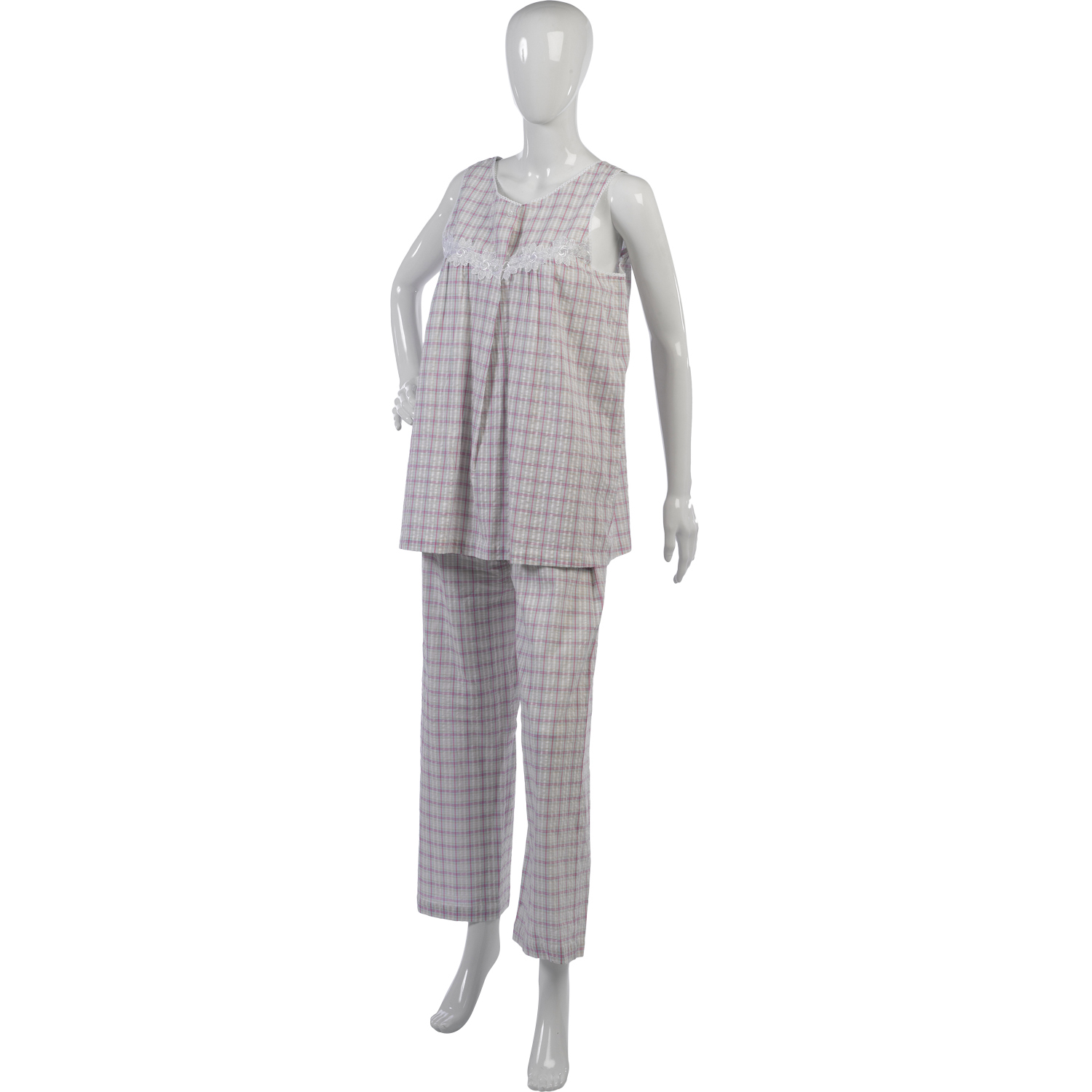 Womens Cotton Seersucker Check Pyjamas Sleeveless Top PJ Bottoms Set Small - Picture 18 of 19
