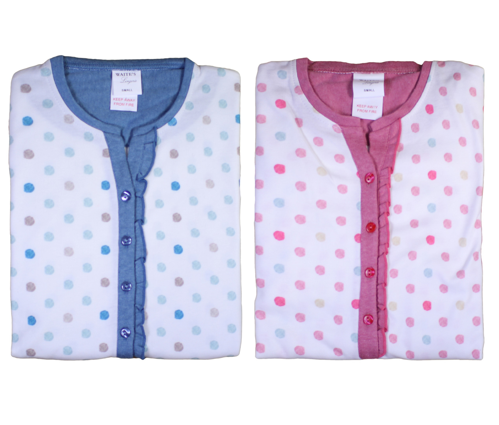 Ladies Polka Dot Pyjamas Set with Frilly Trim S L (Blue or Rose Pink
