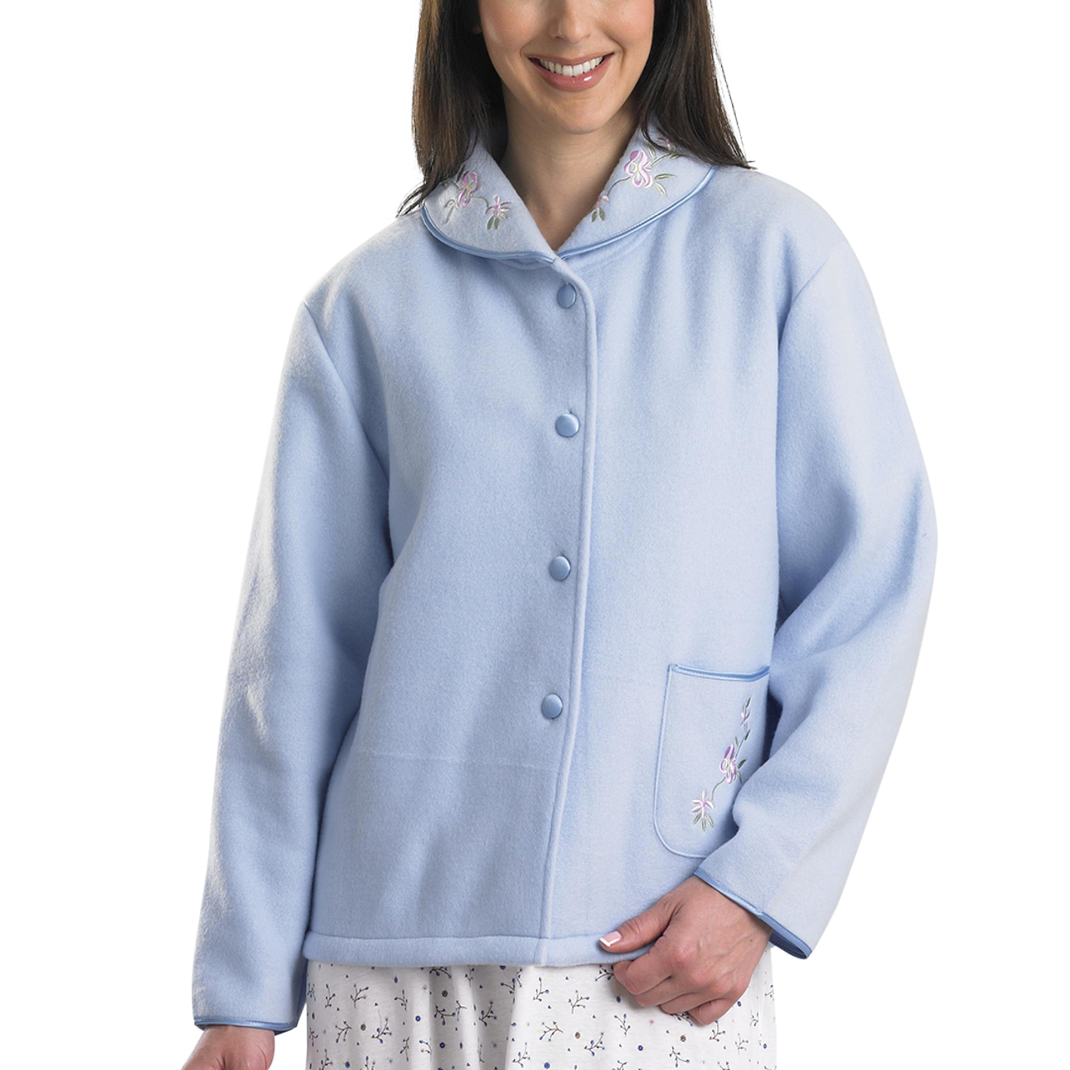 Womens Polar Fleece Bed Jacket Slenderella Button Up Floral Embroidery Housecoat - Picture 15 of 51