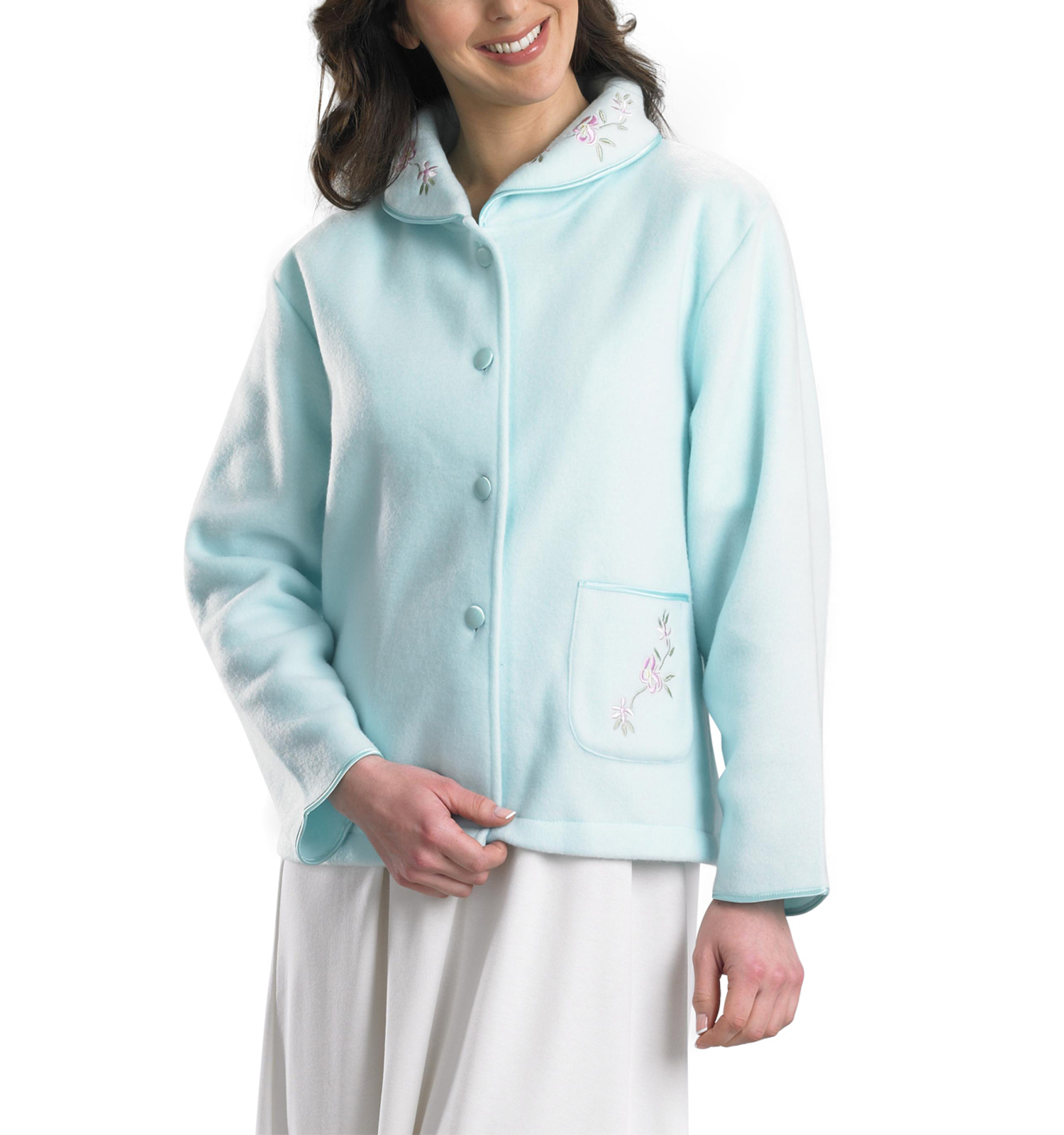 Womens Polar Fleece Bed Jacket Slenderella Button Up Floral Embroidery Housecoat - Picture 32 of 51