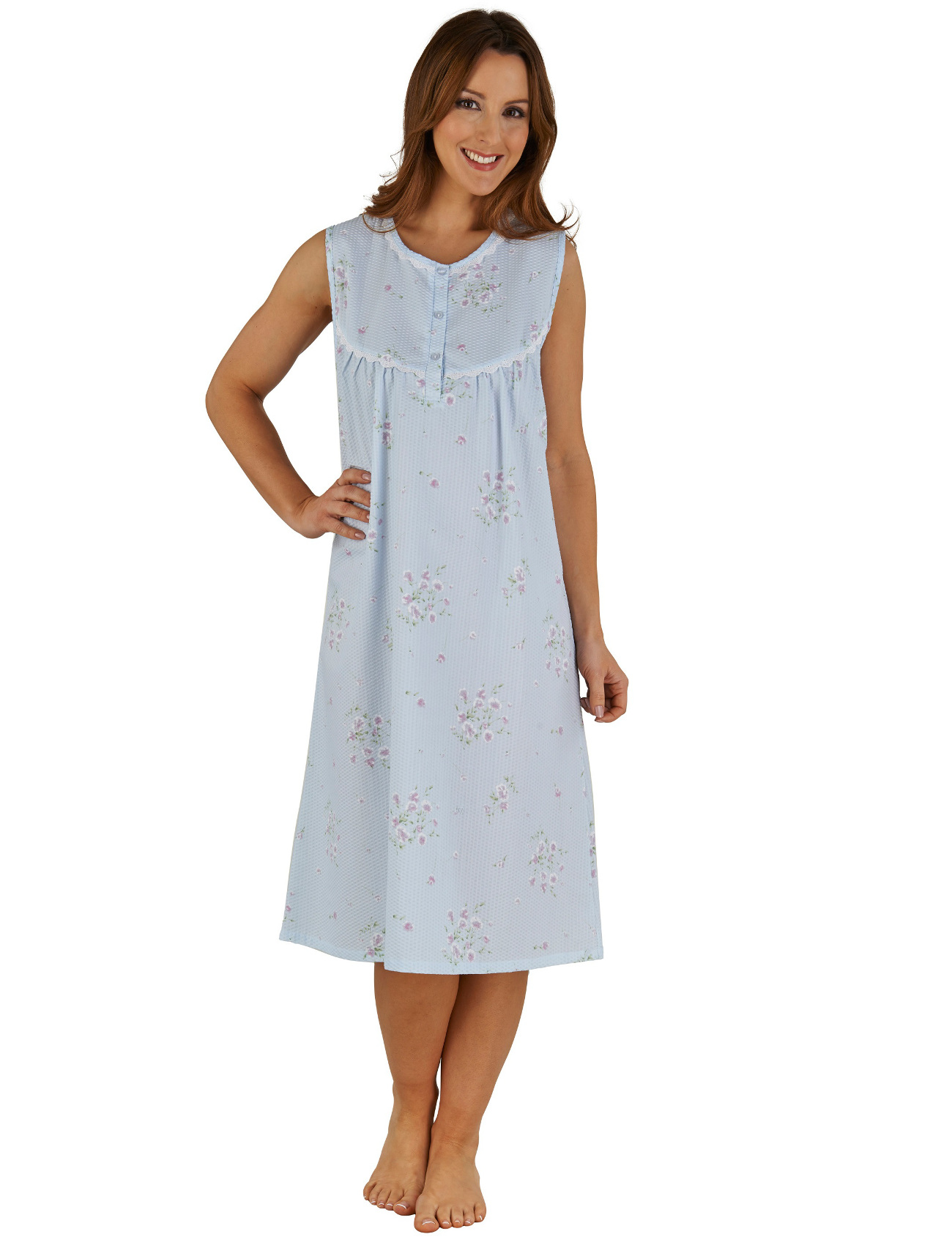 Nachtkleid Damen Blumen Seersucker ärmellos Slenderella Spitzenbesatz Nachthemd - Bild 7 von 15