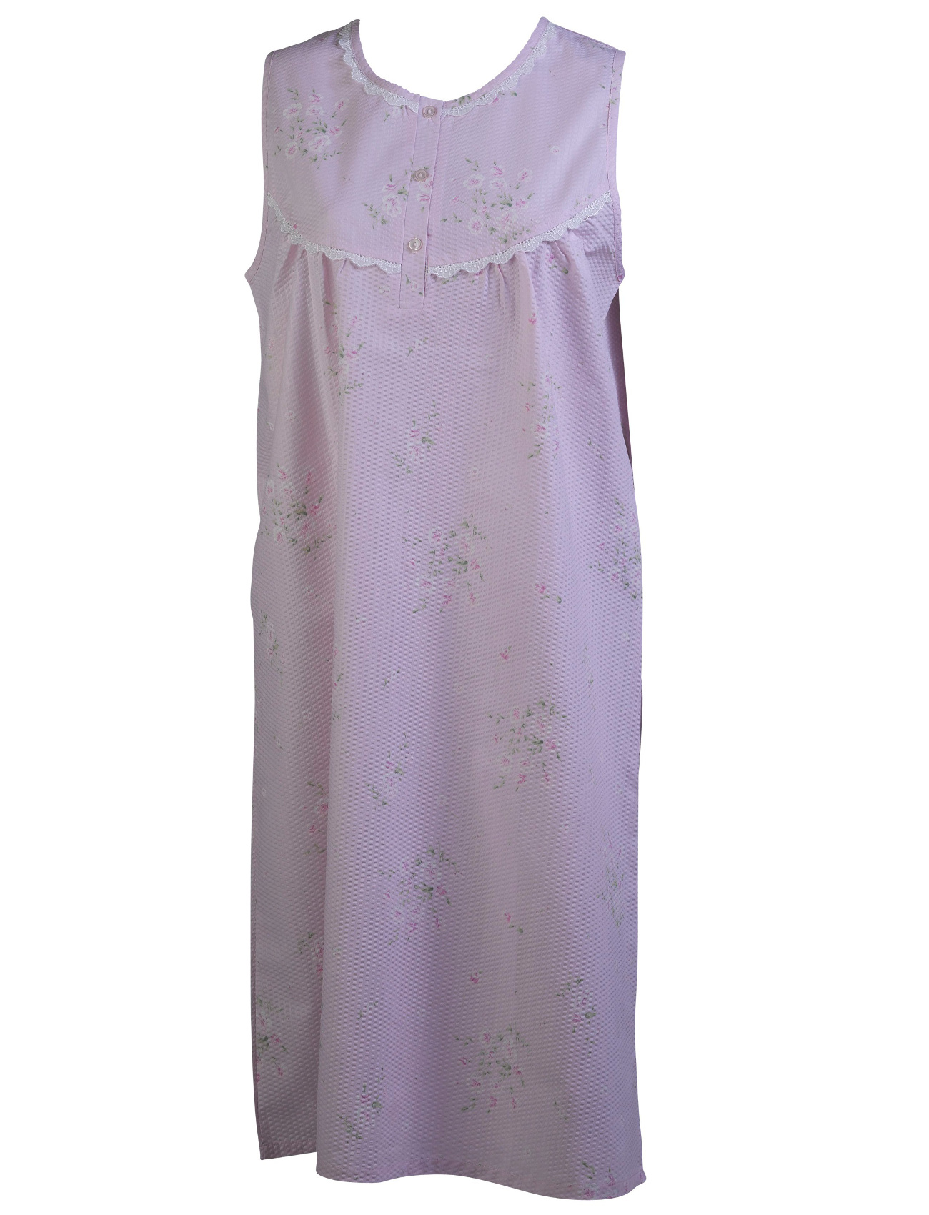 Nachtkleid Damen Blumen Seersucker ärmellos Slenderella Spitzenbesatz Nachthemd - Bild 14 von 15