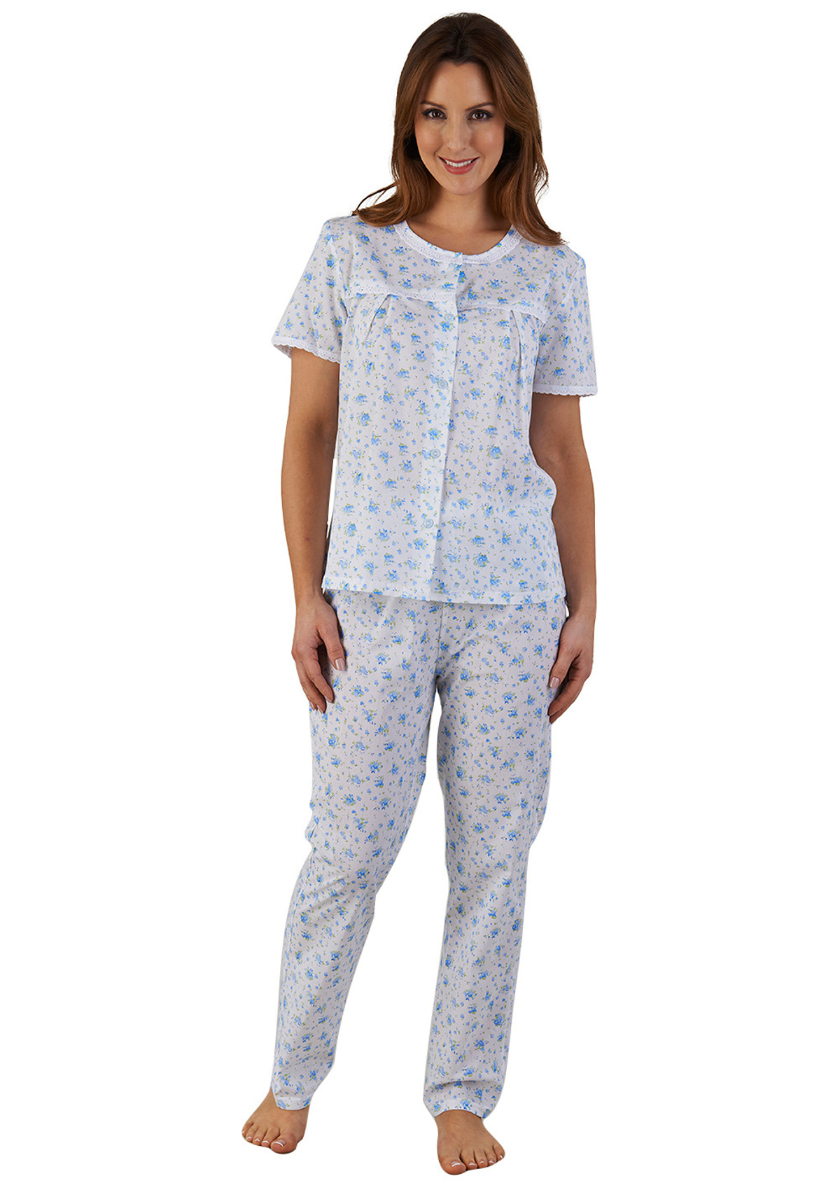 Ladies Slenderella Floral Pyjamas Lace Trim Button Up PJs Set Top & Bottoms