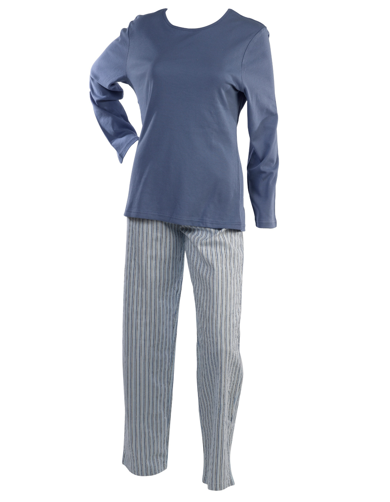 Ladies 100% Cotton Pyjamas Long Sleeved Plain Top & Striped Bottoms PJs