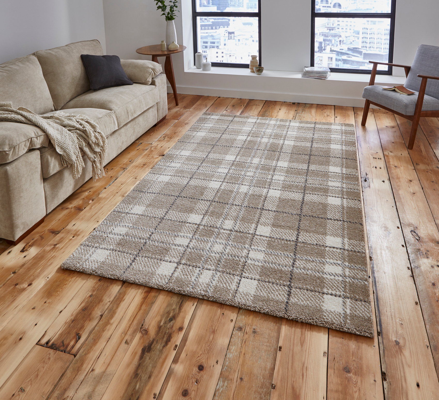 Sand Tartan Checked Rug 100% Polypropylene Check Design Mat Neutral ...