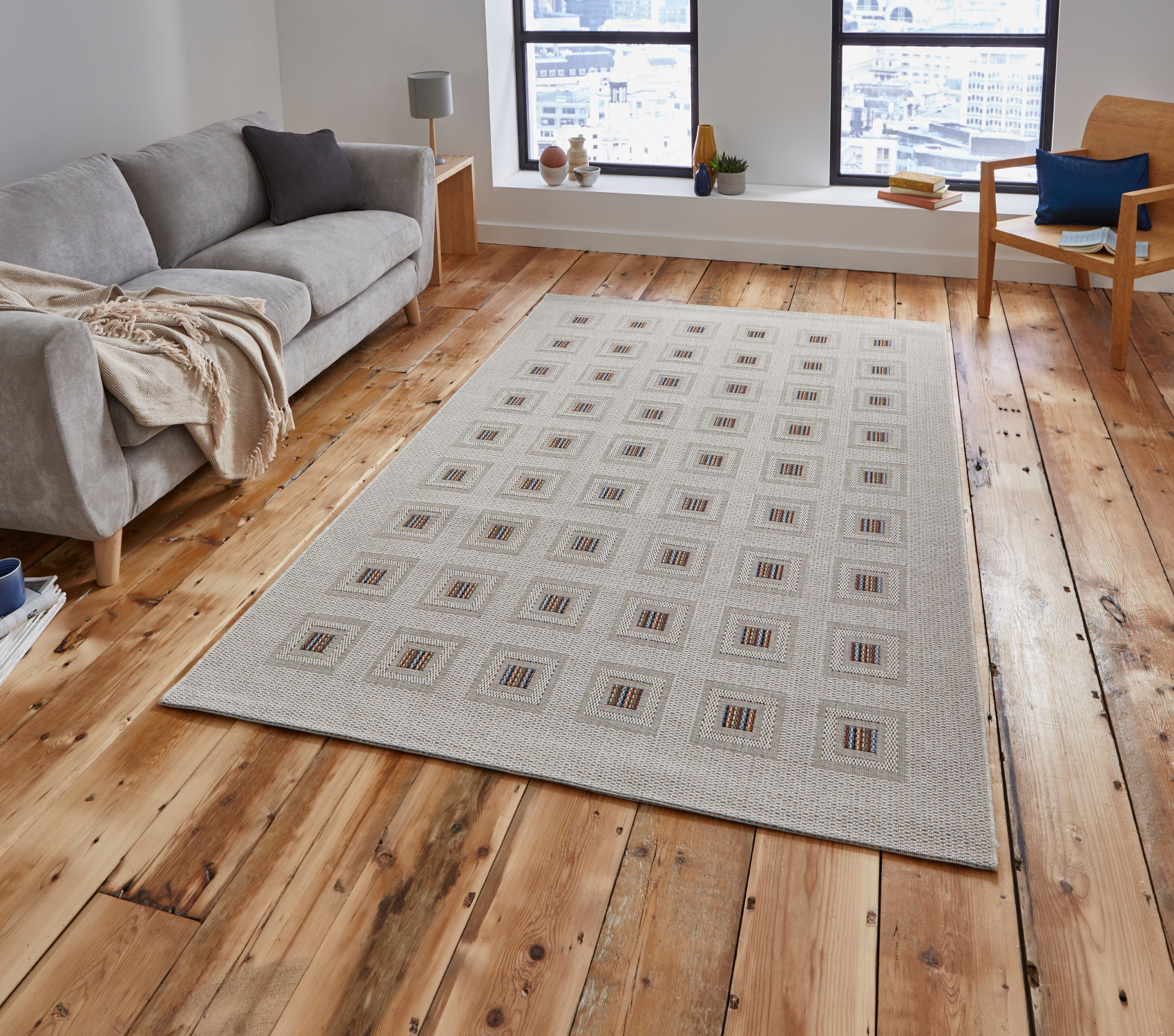 Squares Pattern Rug Flat Weave Polypropylene Neutral Vegas Floor Mat Item Description