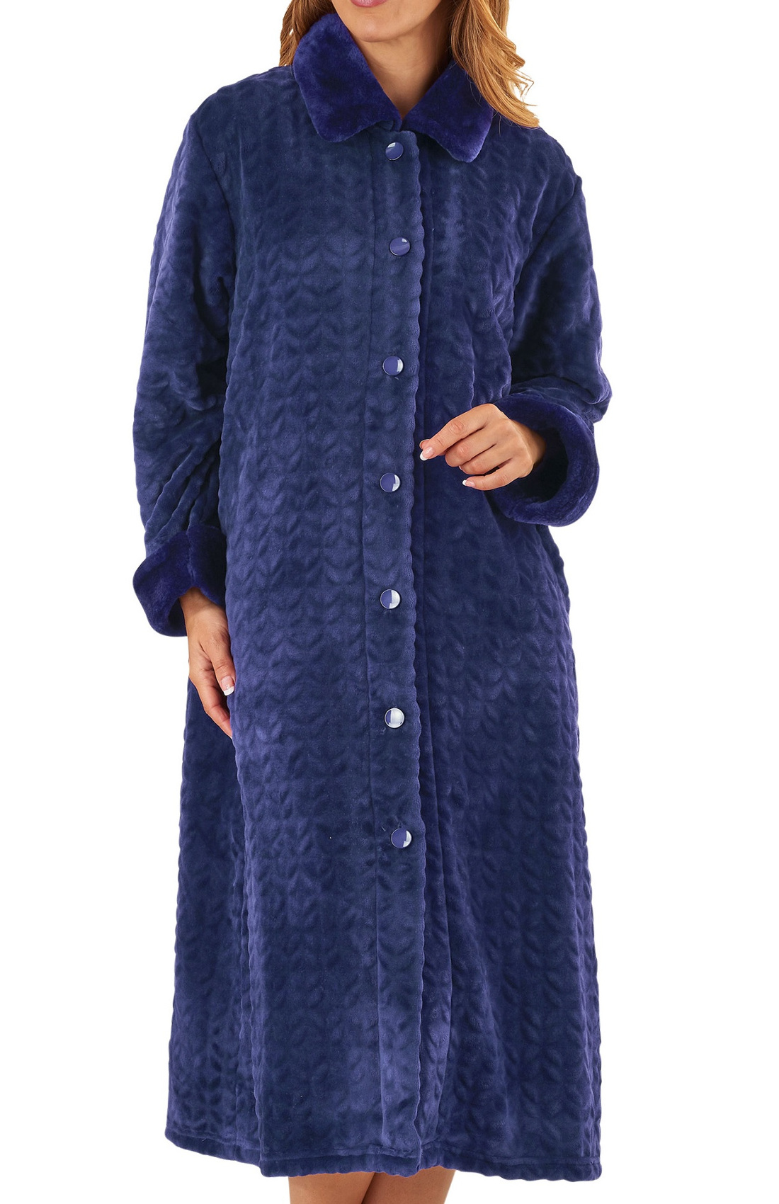 Dressing Gown Womens Faux Fur Detail Button Up Bathrobe Slenderella