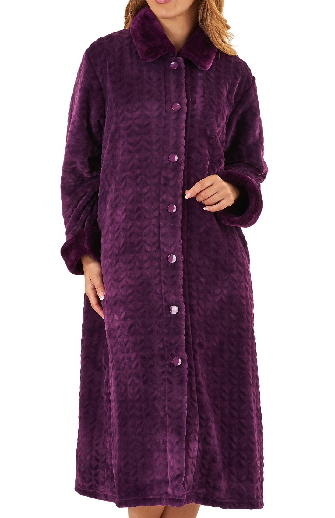 Dressing Gown Womens Faux Fur Detail Button Up Bathrobe Slenderella