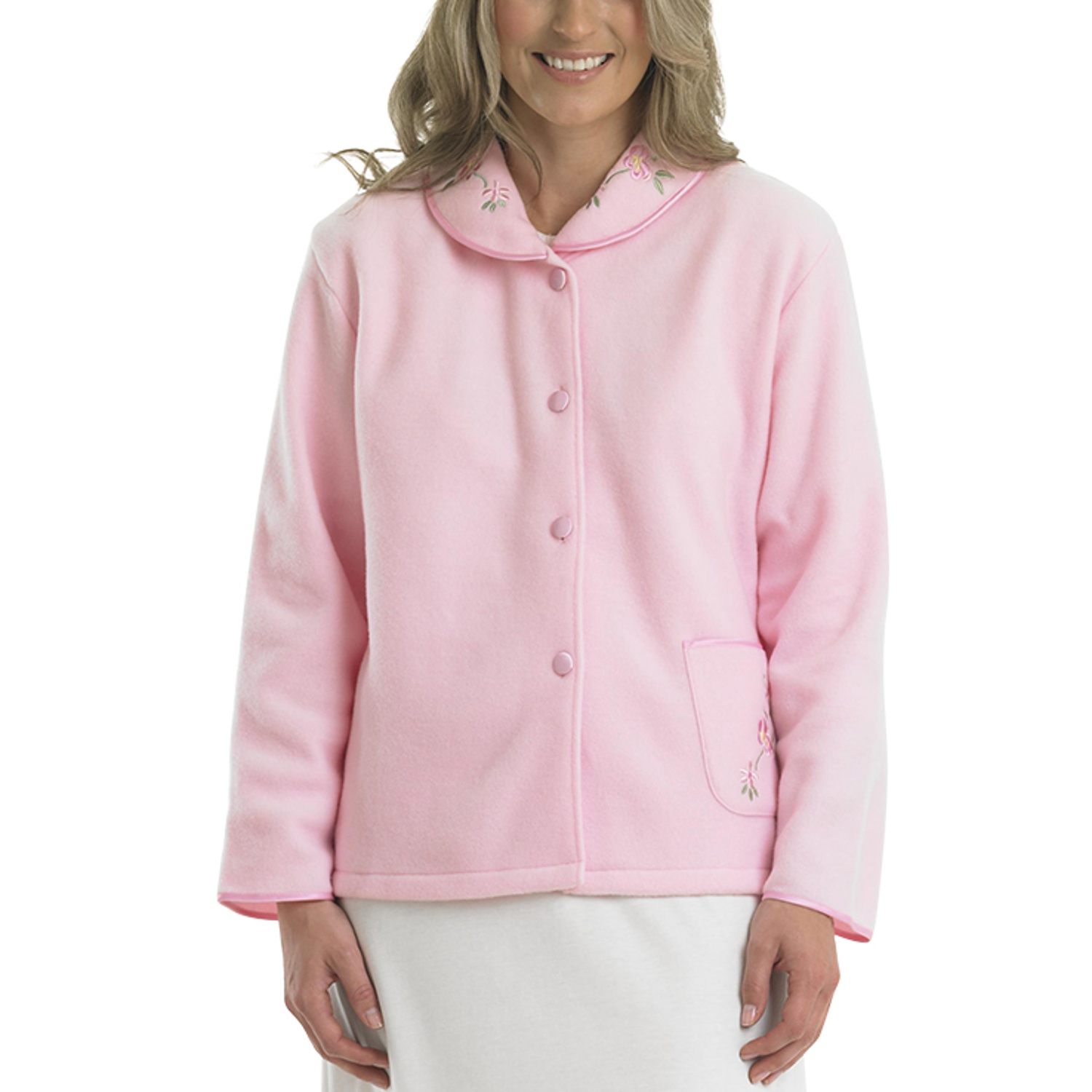 Womens Polar Fleece Bed Jacket Slenderella Button Up Floral Embroidery Housecoat - Picture 46 of 51