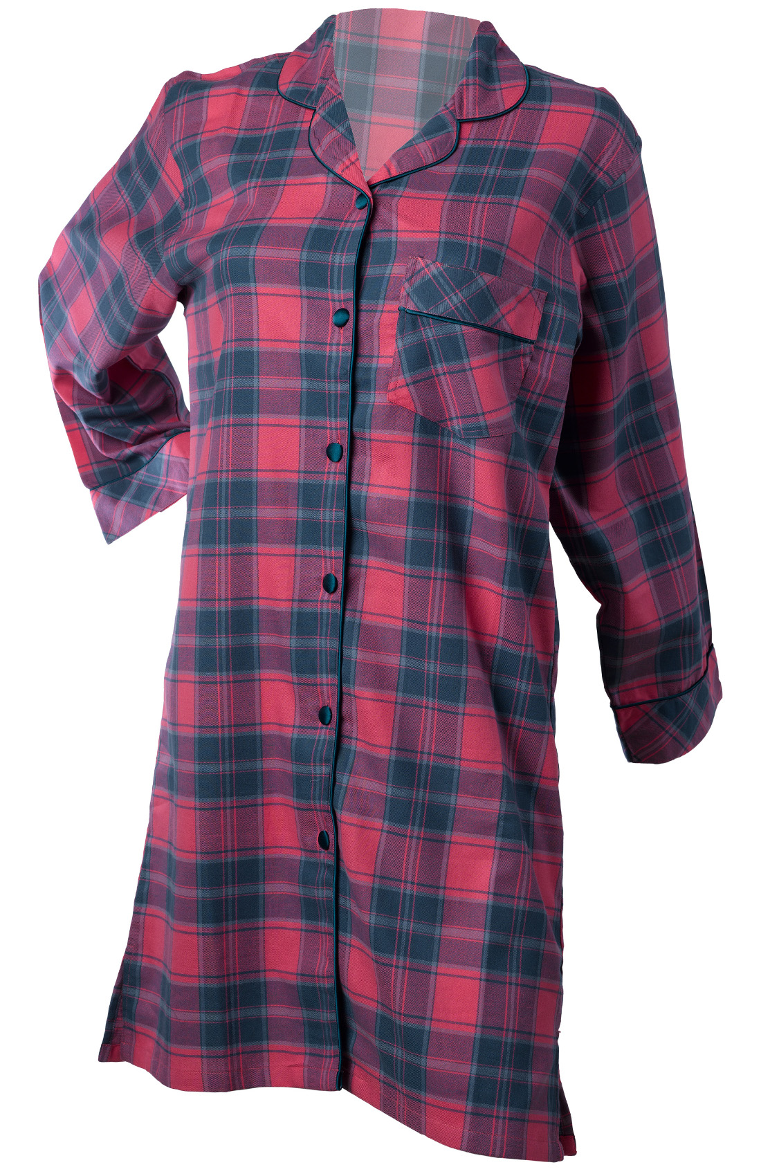 Womens Tartan Nightie Long Sleeved Button Up Strawberry Check Cotton Nightshirt