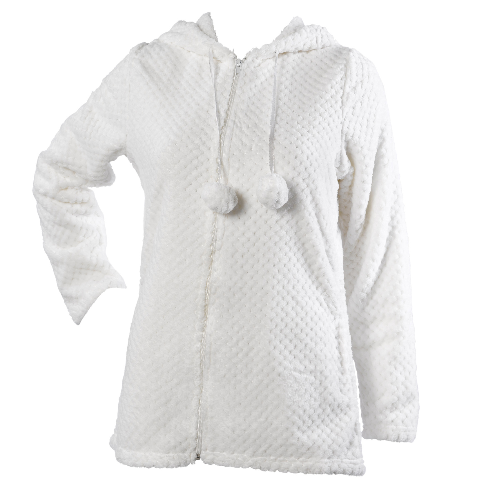 Womens Soft Waffle Fleece Bed Jacket Ladies Hooded Zip Up Housecoat Pom ...