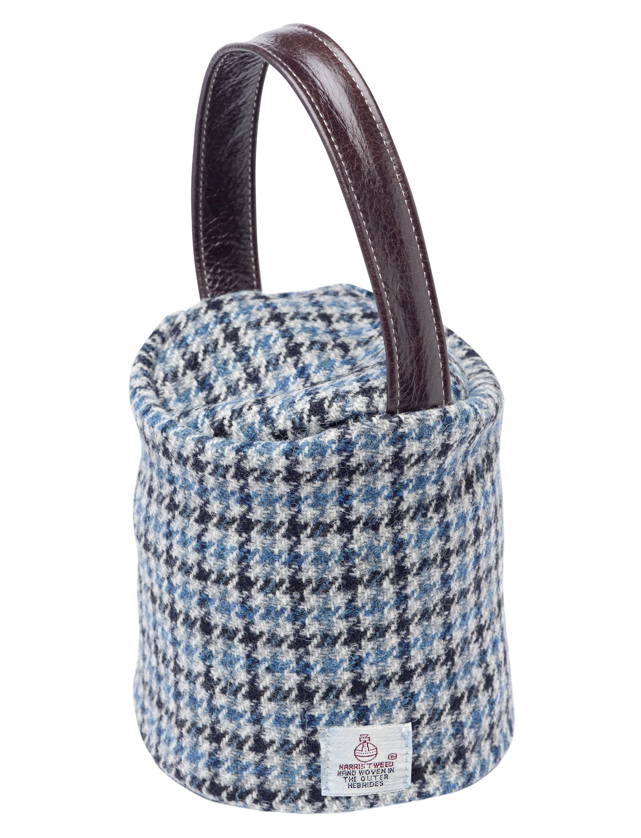 Harris Tweed Doorstop Cover Pure New Wool Door Stopper Outer Leather Handle Peat Herringbone