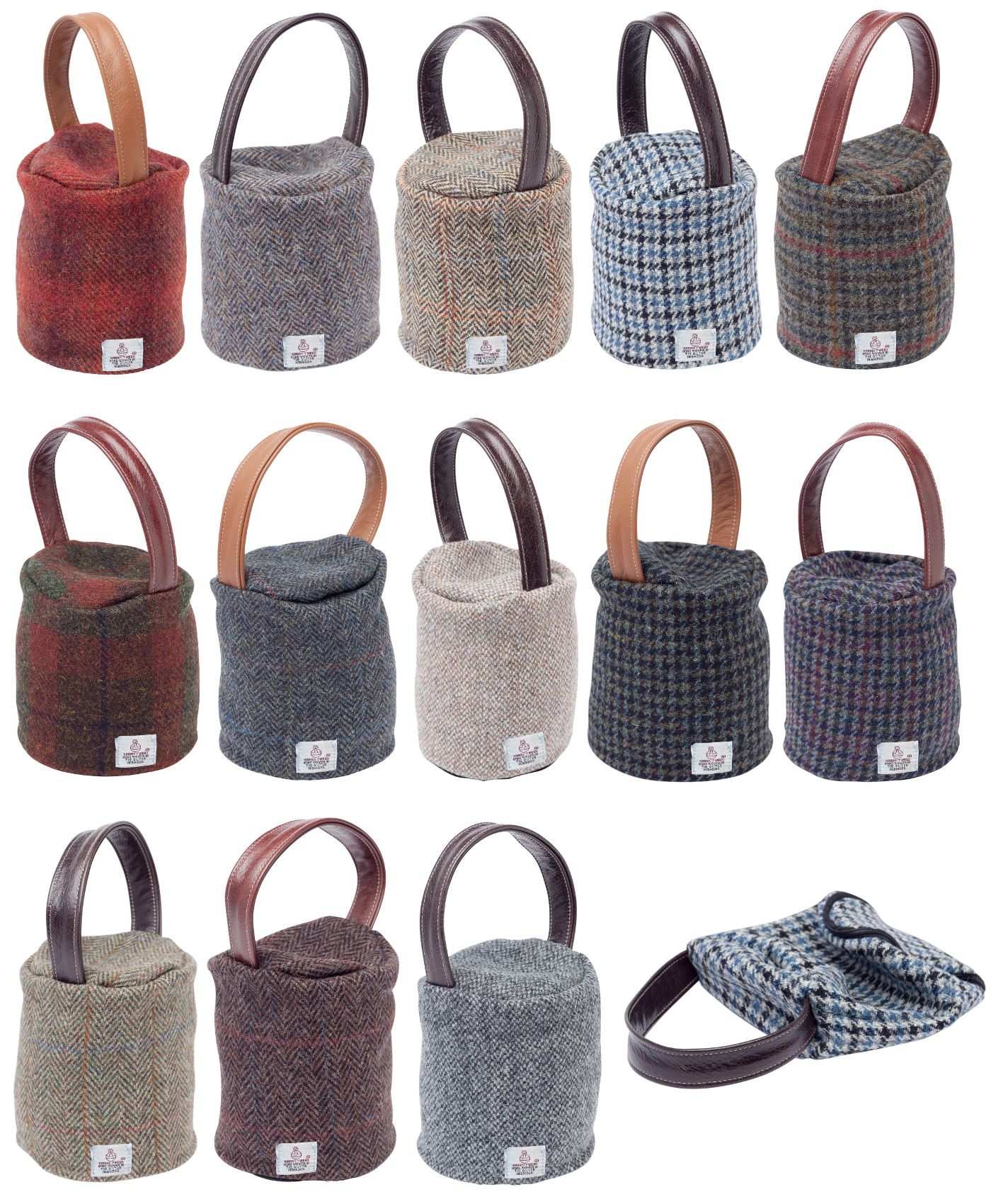 Harris Tweed Doorstop Cover Pure New Wool Door Stopper Outer Leather Handle Peat Herringbone