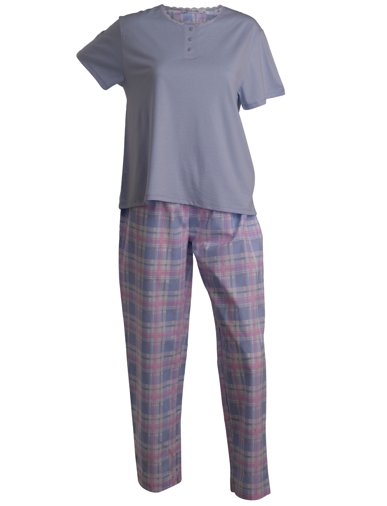 Pyjamas Set Ladies Slenderella Plain Short Sleeved Jersey Top Tartan PJ Bottoms - Picture 14 of 25