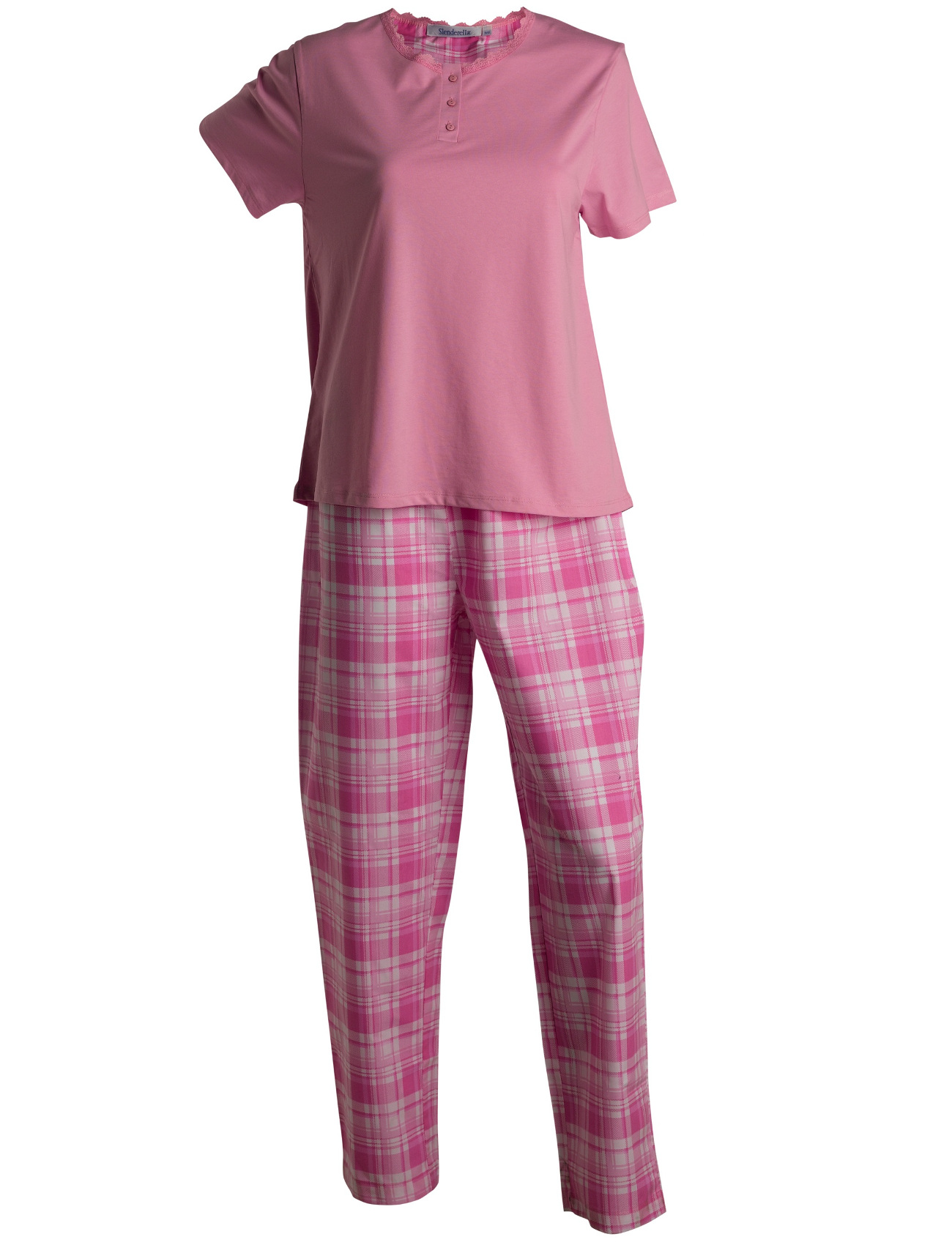 Pyjamas Set Ladies Slenderella Plain Short Sleeved Jersey Top Tartan PJ Bottoms - Picture 22 of 25