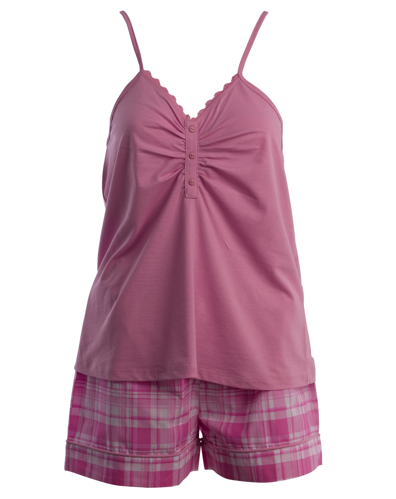 Pyjamas Set Ladies Slenderella Plain Spaghetti Strap Jersey Top Tartan Shorts - Picture 11 of 13