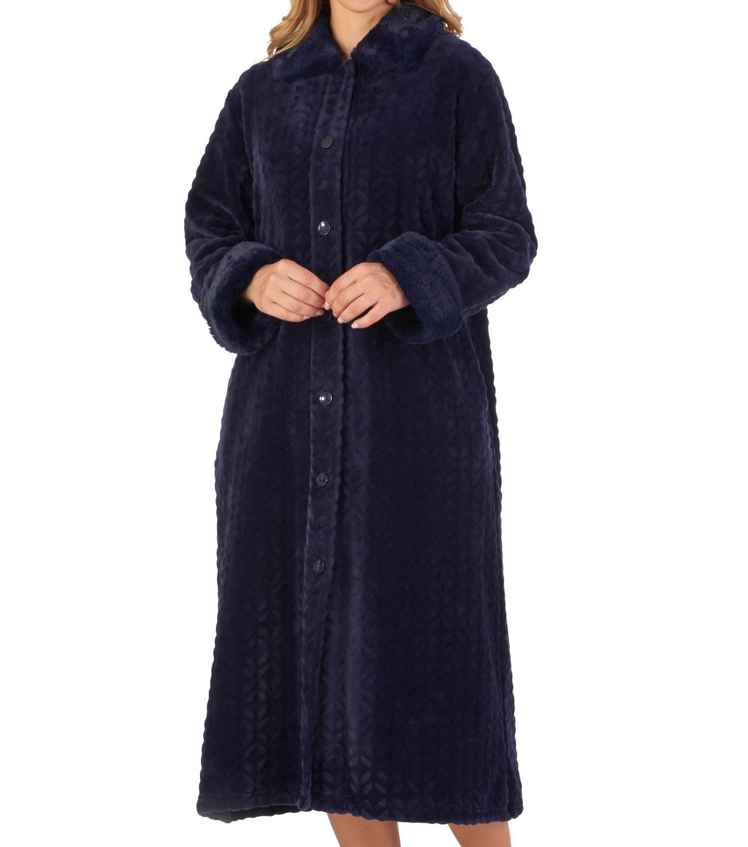 Dressing Gown Button Up Ladies Faux Fur Detail Bathrobe Slenderella