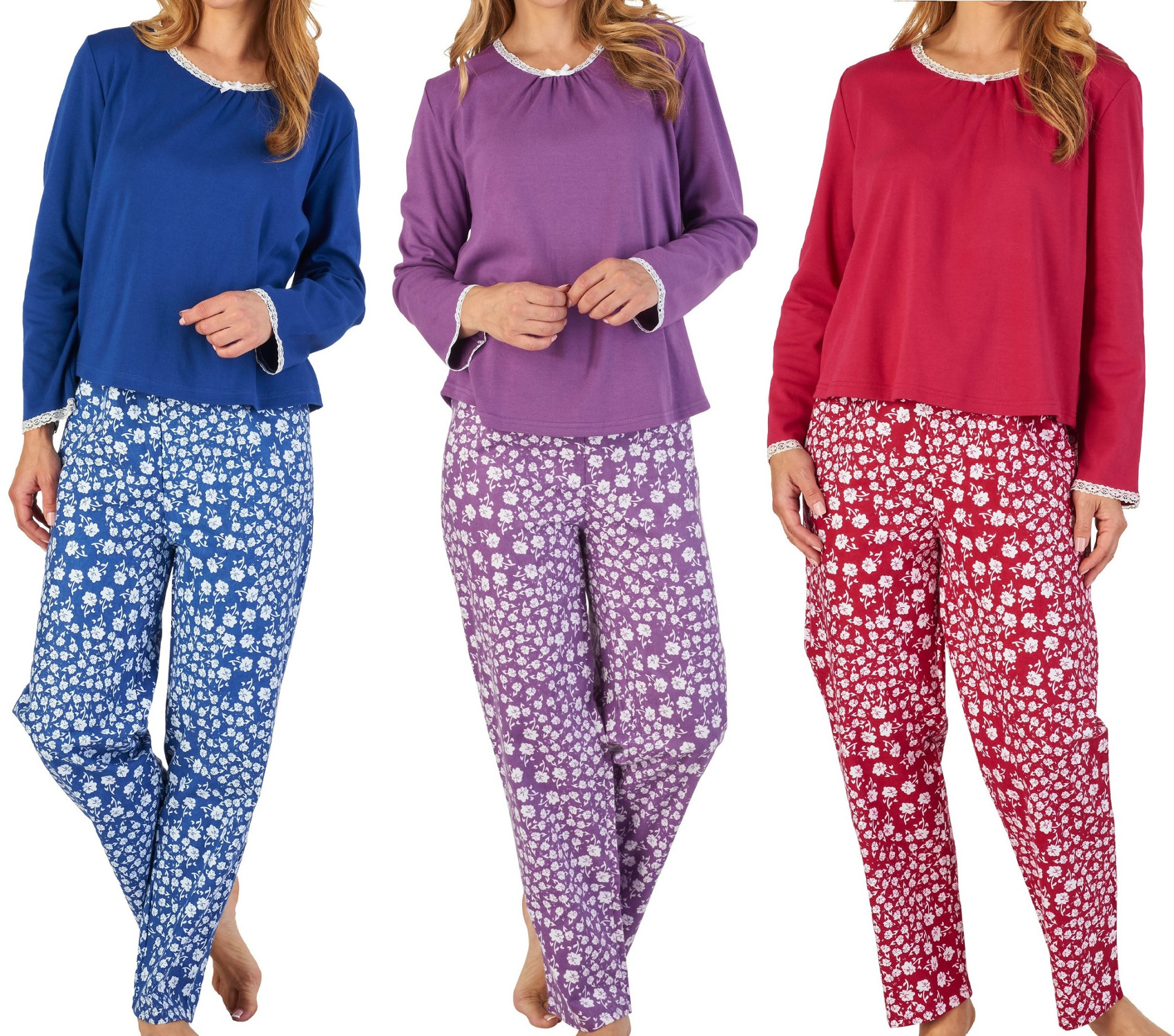 Raspberry Slenderella Floral Print Pyjama Set Cotton Top and Flannel Bottoms