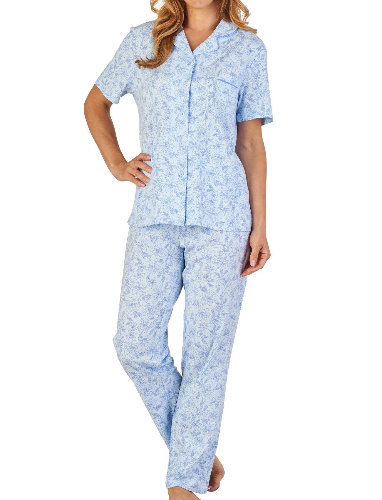 Ladies Slenderella Floral Meadow Pyjamas Button Up Top PJ Bottoms Jersey Cotton - Picture 14 of 40