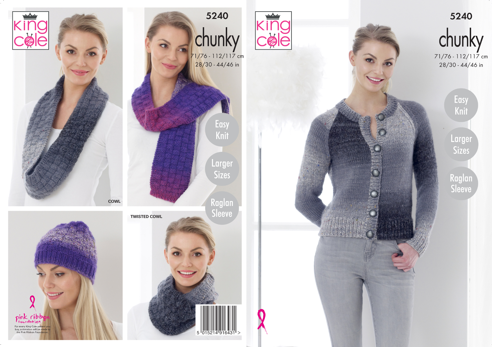 Details About Easy Knit Womens Cardigan Hat Cowls Scarf Chunky Knitting Pattern King Cole 5240