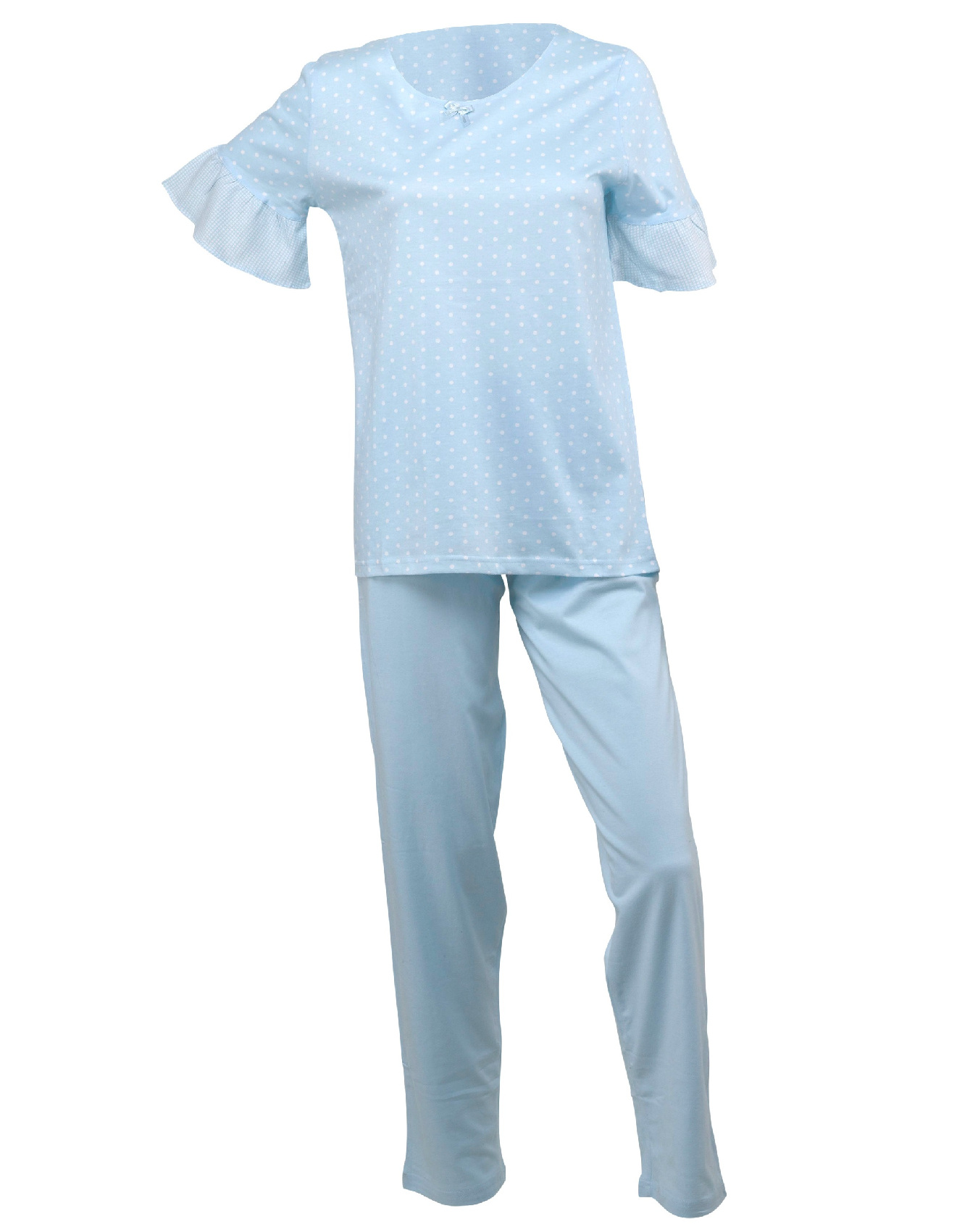 Pyjamas Womens Polka Dot PJs Jersey Cotton Frilly Sleeve Top & Plain Bottoms - Picture 14 of 29