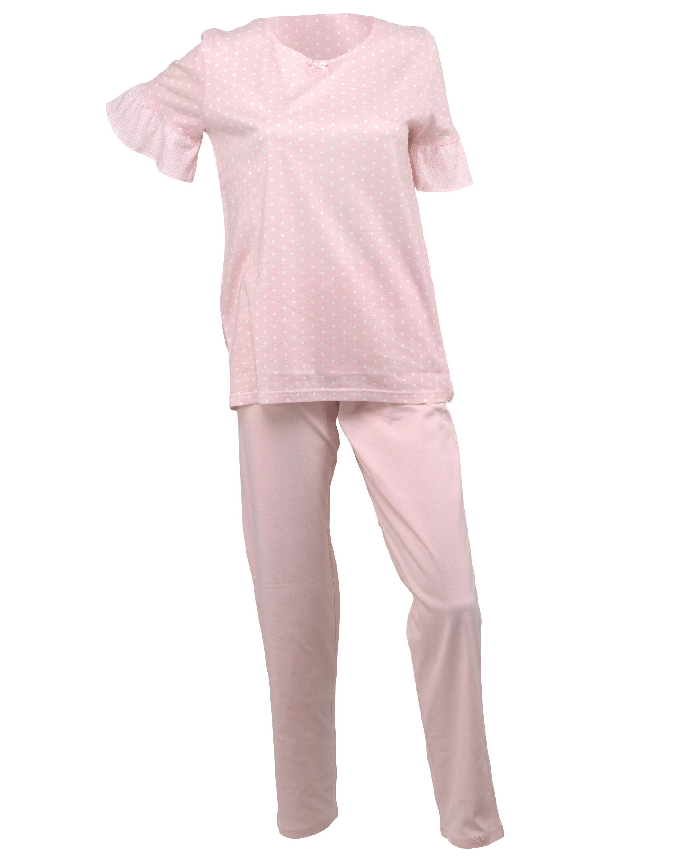 Pyjamas Womens Polka Dot PJs Jersey Cotton Frilly Sleeve Top & Plain Bottoms - Picture 29 of 29