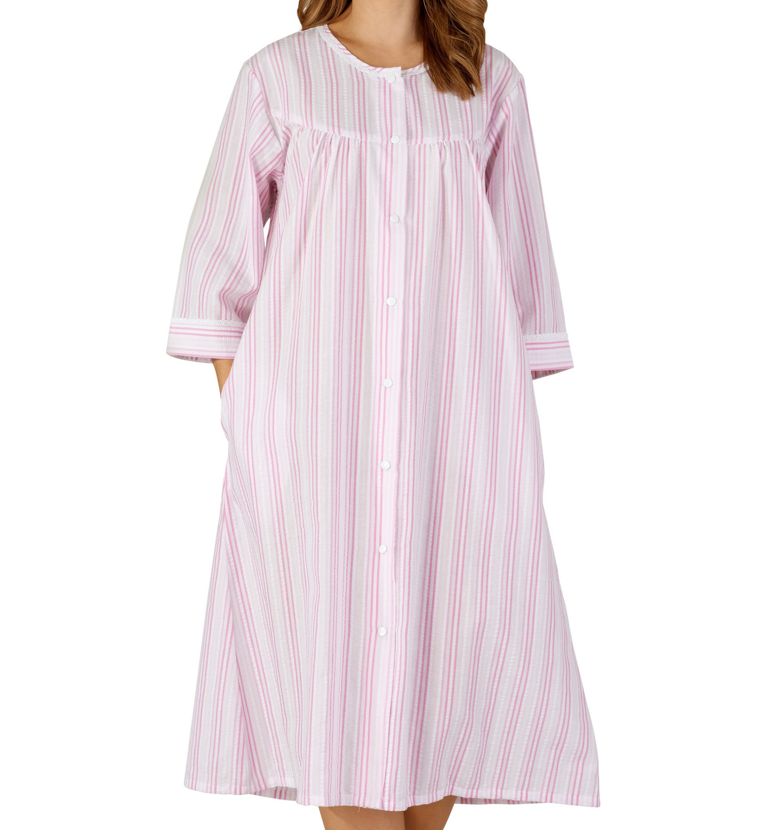Bathrobe Button Poppers Womens Seersucker Stripe Concealed Pocket Dressing Gown