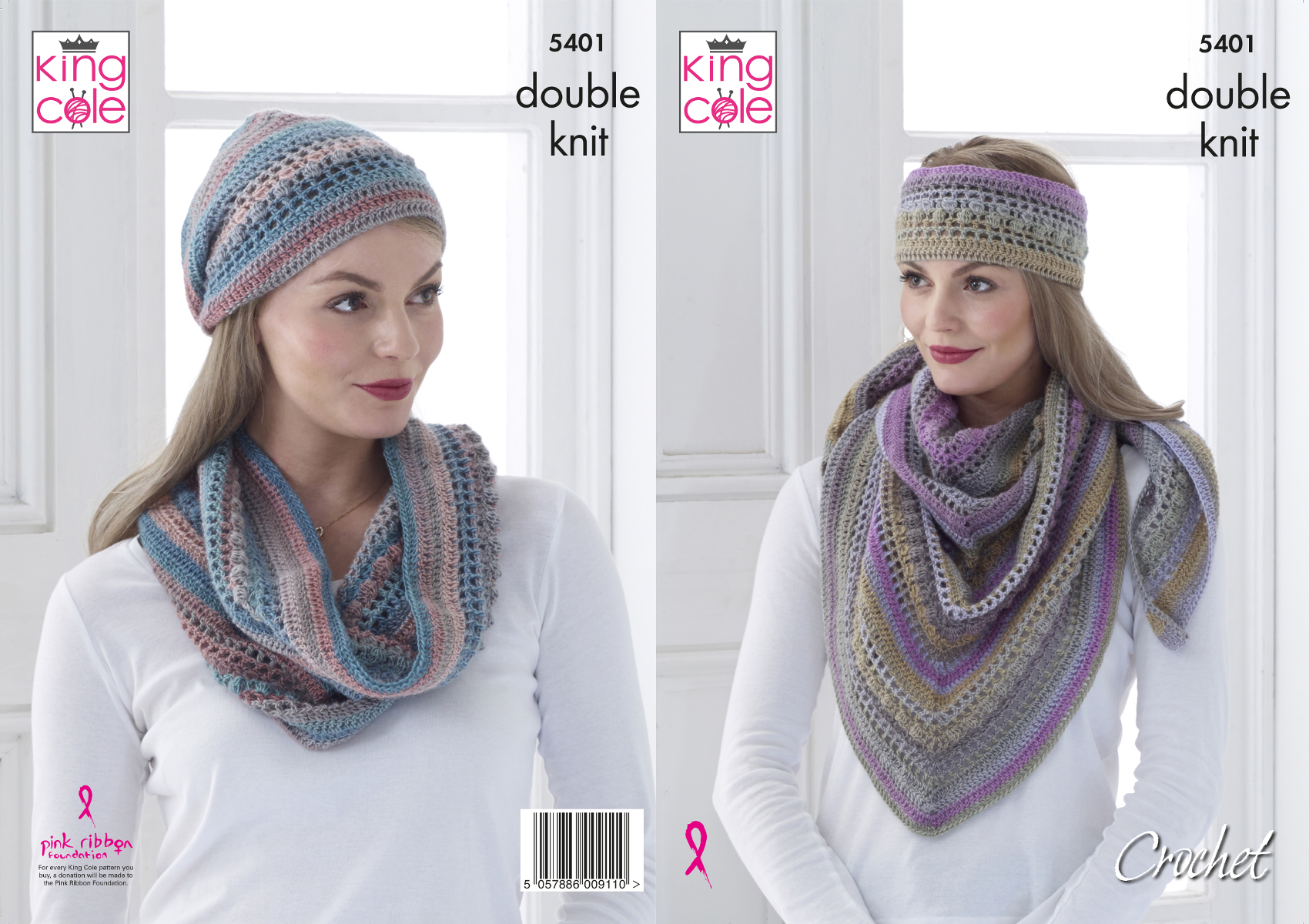 King Cole Shawl, Hat Cowl & Headband Crochet Pattern 5401 - Double Knit King Cole Shawl, Hat Cowl & Headband Crochet Pattern 5401 - Double Knit