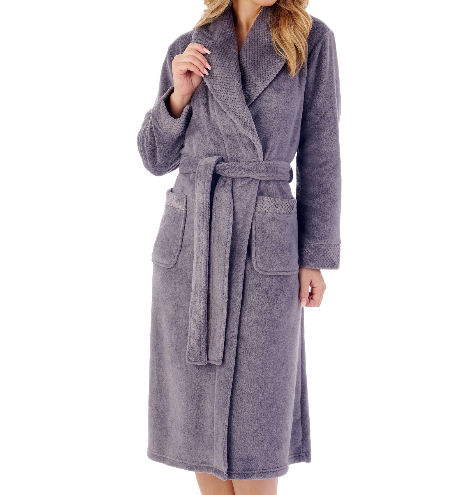 Bathrobe Ladies Fleecy Waffle Detail Housecoat Womens Shawl Collar Dressing Gown - Picture 30 of 99