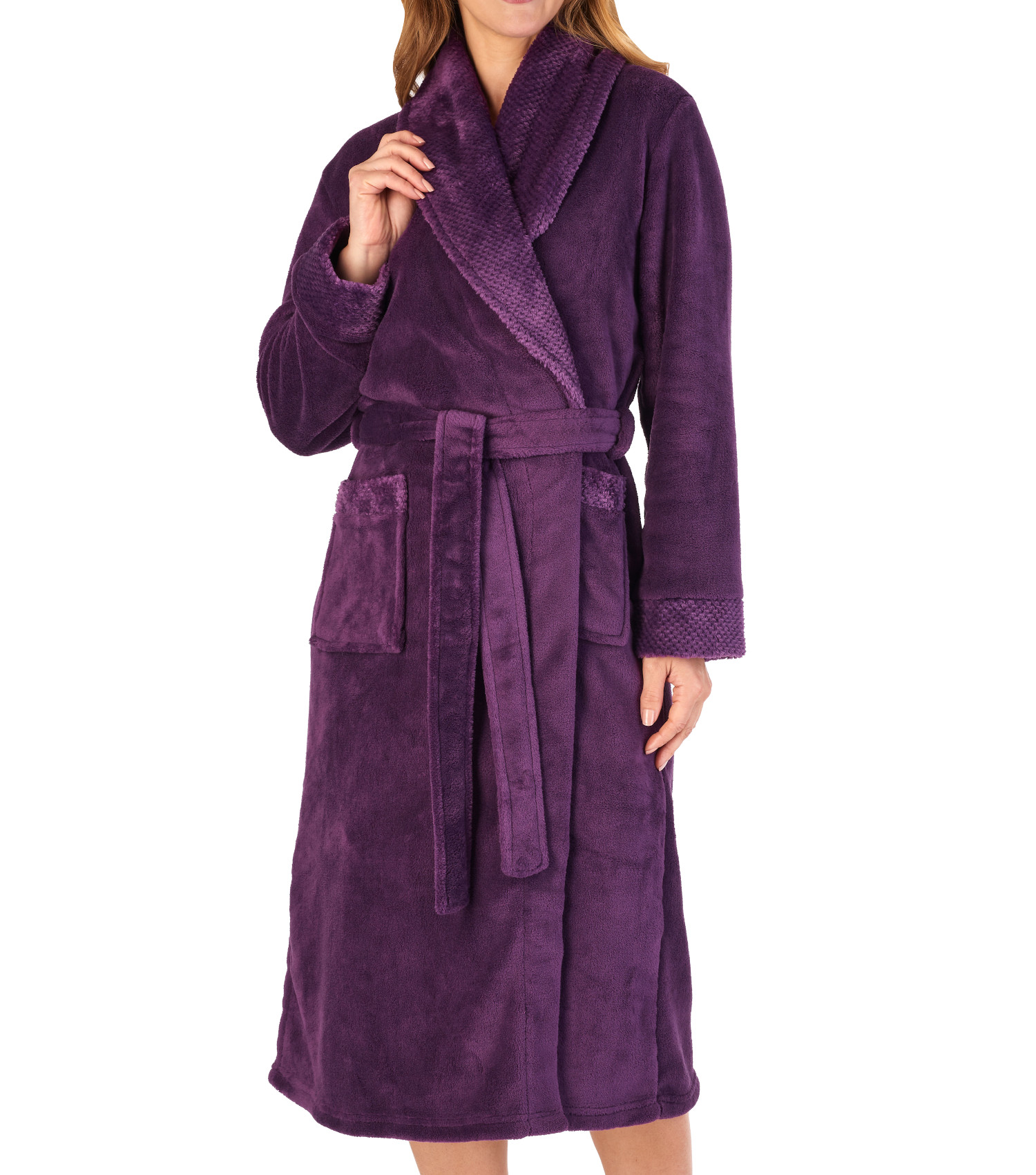 Bathrobe Ladies Fleecy Waffle Detail Housecoat Womens Shawl Collar Dressing Gown - Picture 73 of 99