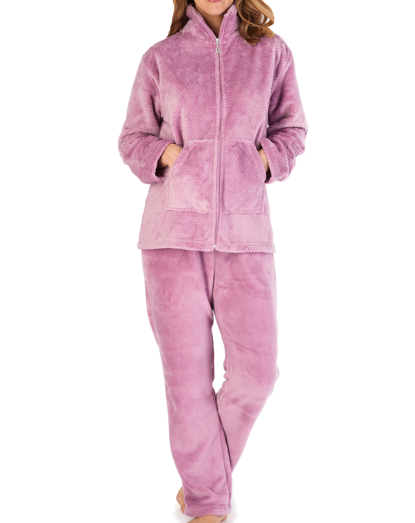 Pyjamas Womens Zip Up Kangaroo Pocket Waffle Top & Plain PJ Bottoms Slenderella - Picture 31 of 54