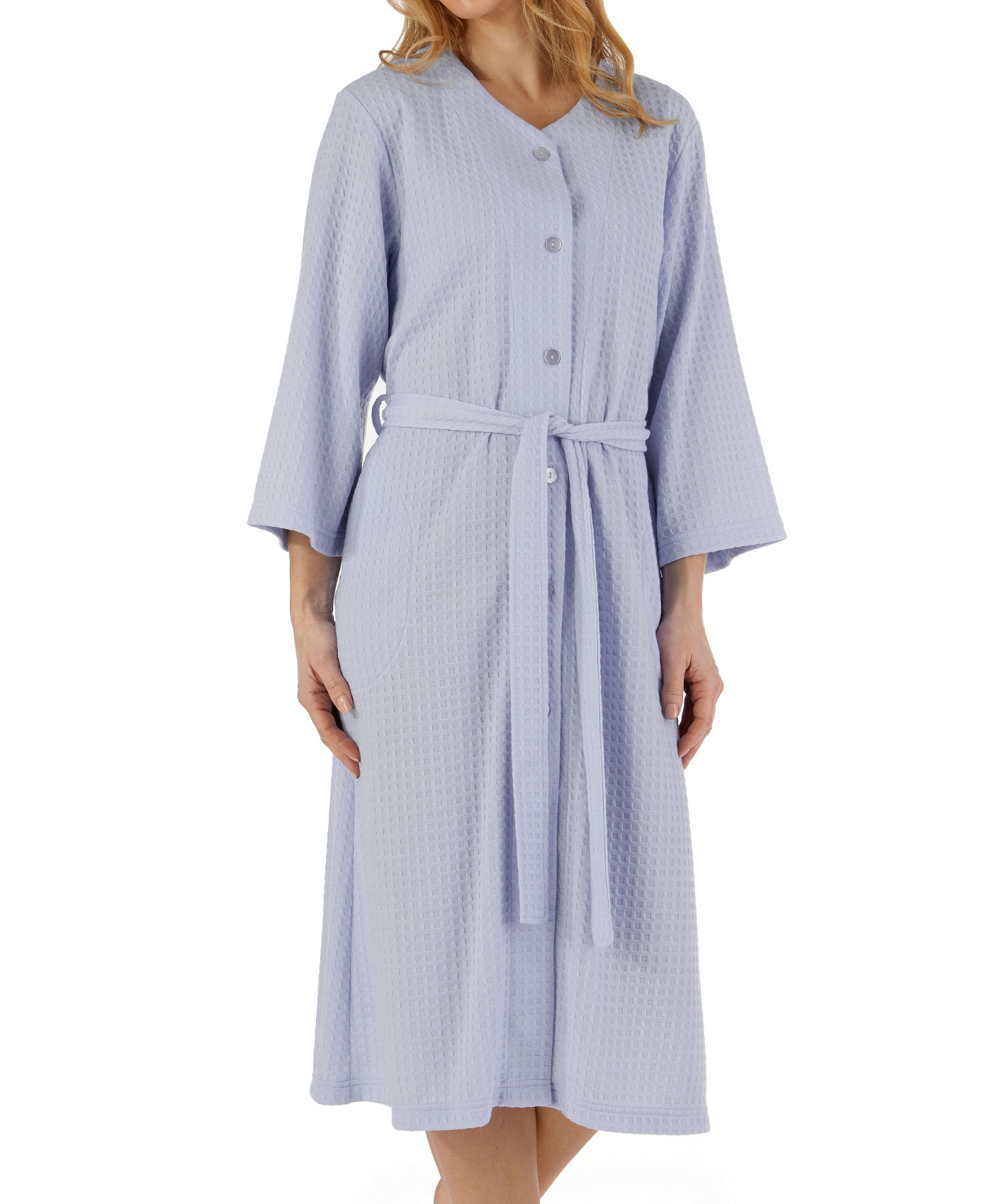 Bathrobe Womens 3/4 Sleeve Waffle Button Up Housecoat Dressing Gown Slenderella - Picture 10 of 46