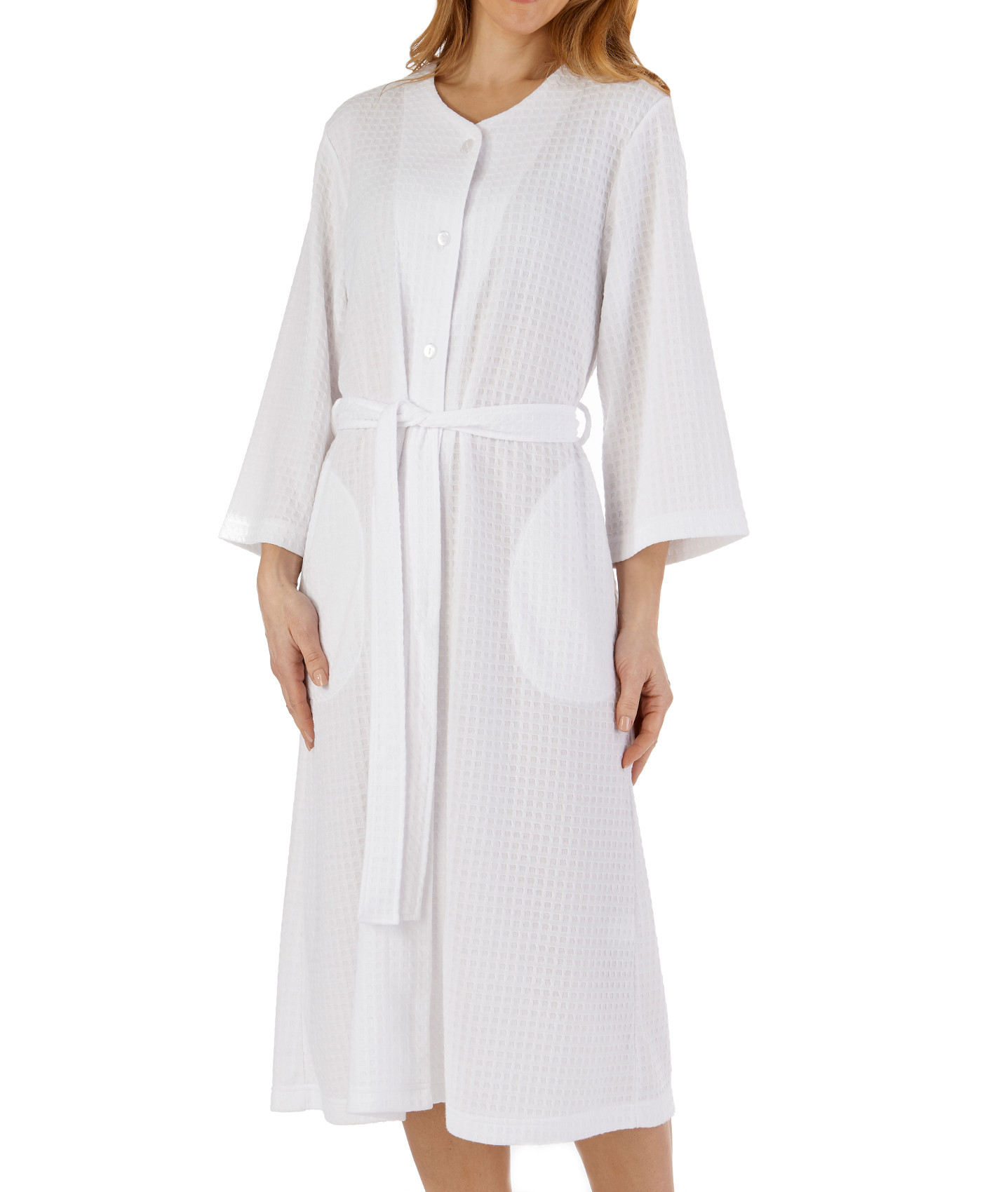 Bathrobe Womens 3/4 Sleeve Waffle Button Up Housecoat Dressing Gown Slenderella - Picture 42 of 46