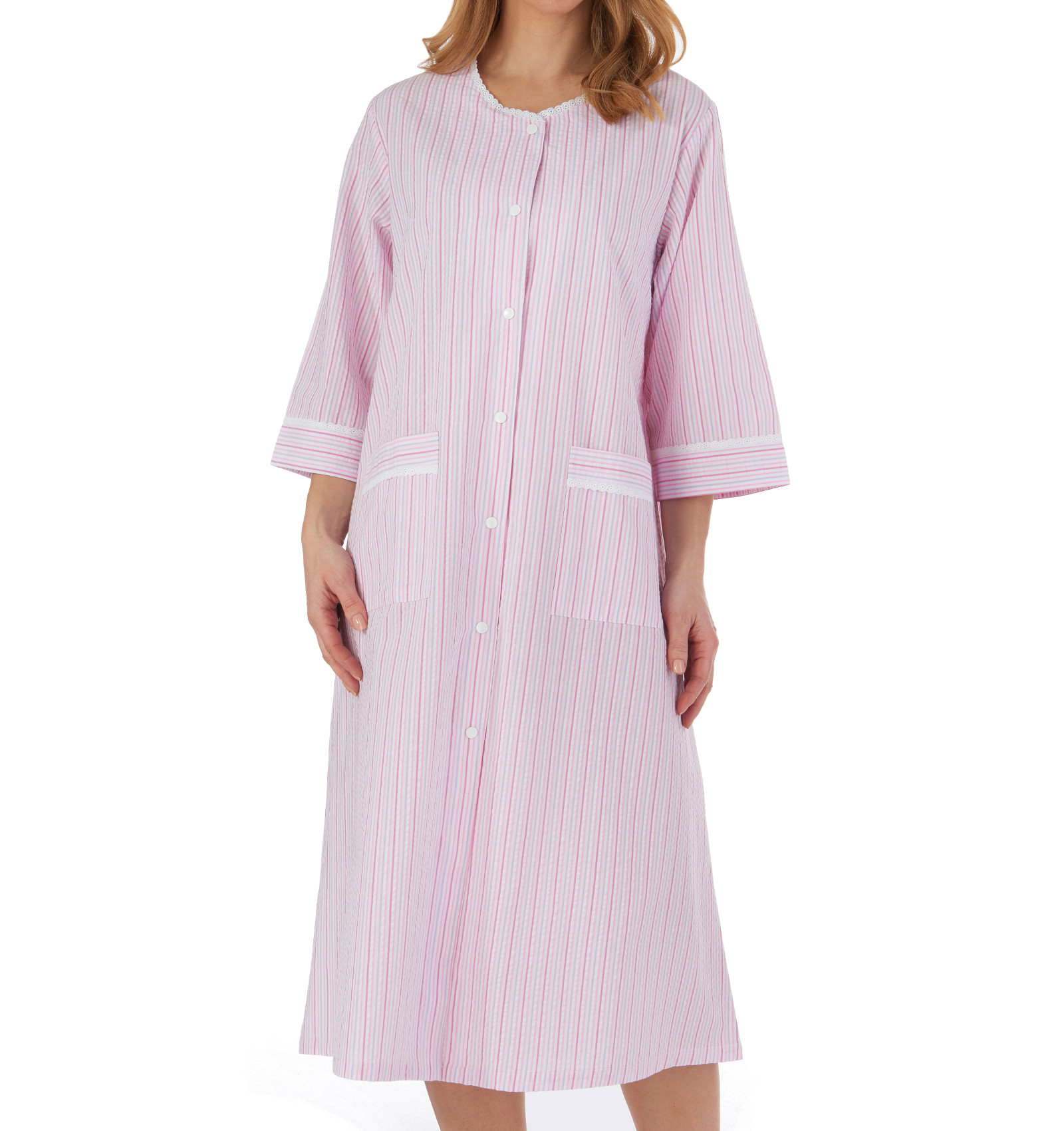 Bathrobe Easy Button Poppers Womens Seersucker Stripe 3/4 Sleeve