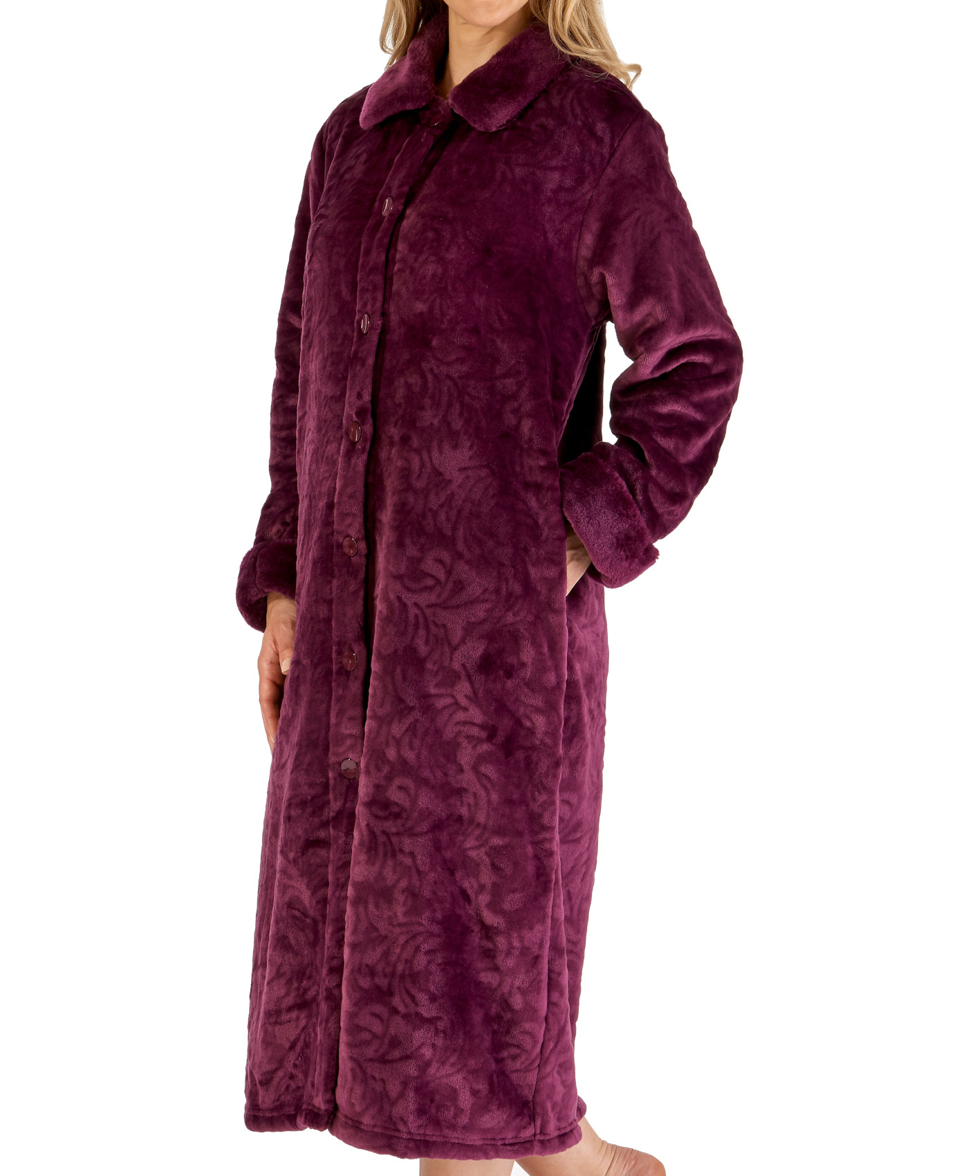 Slenderella Ladies Soft Fleece Dressing Gown Button Up Faux Fur Collar Bathrobe - Picture 22 of 60