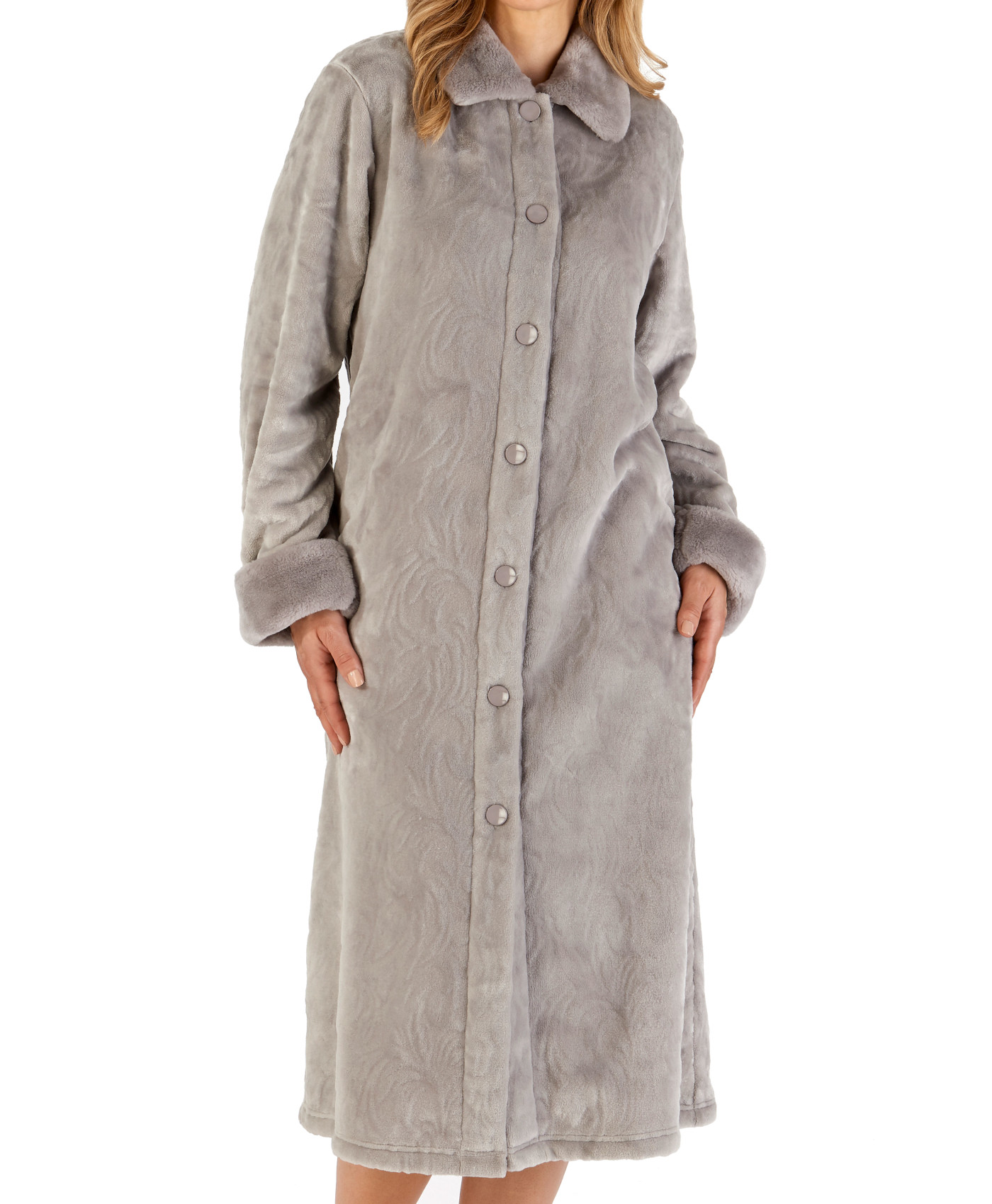 Slenderella Ladies Soft Fleece Dressing Gown Button Up Faux Fur Collar Bathrobe - Picture 25 of 60