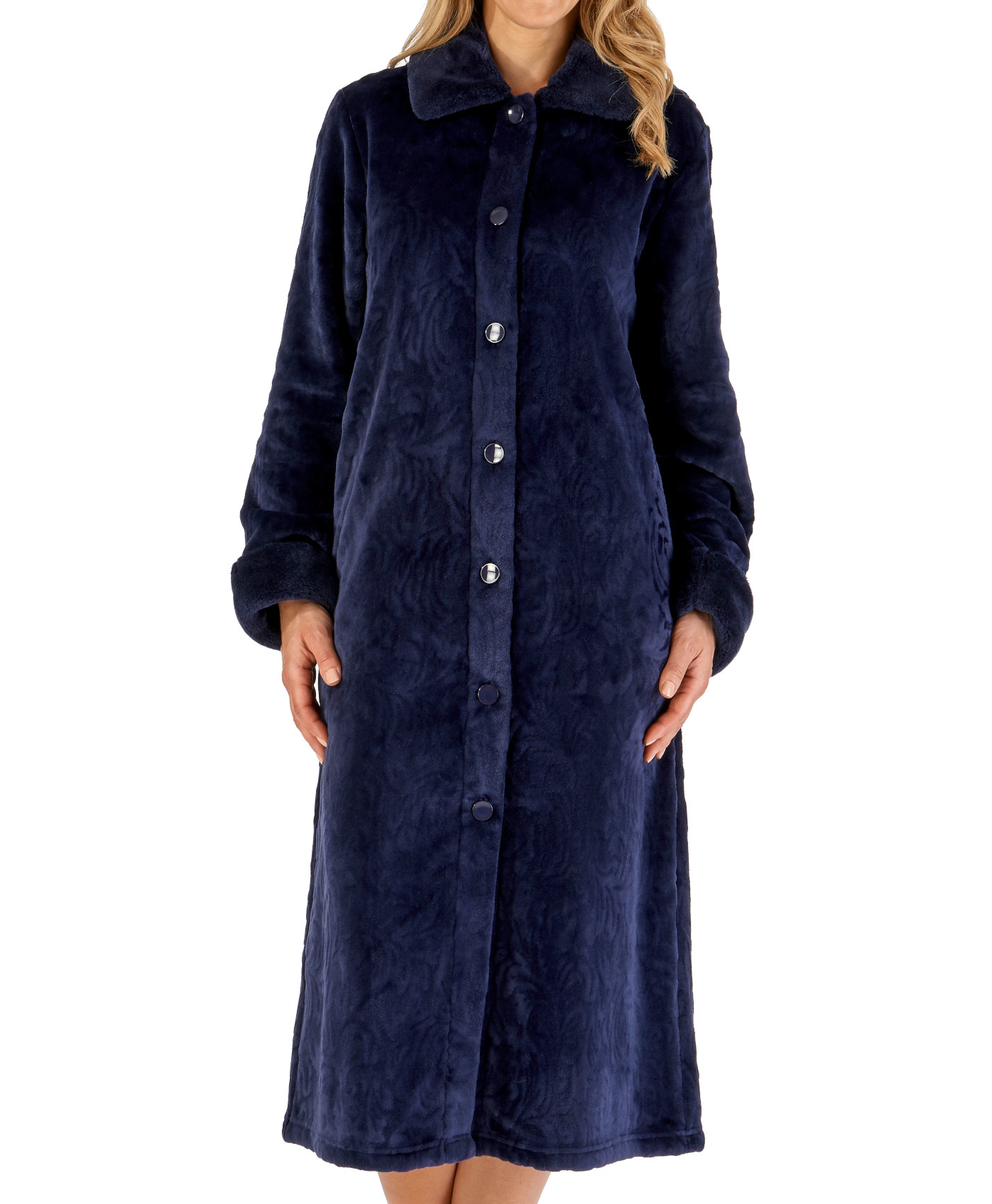 Slenderella Ladies Soft Fleece Dressing Gown Button Up Faux Fur Collar