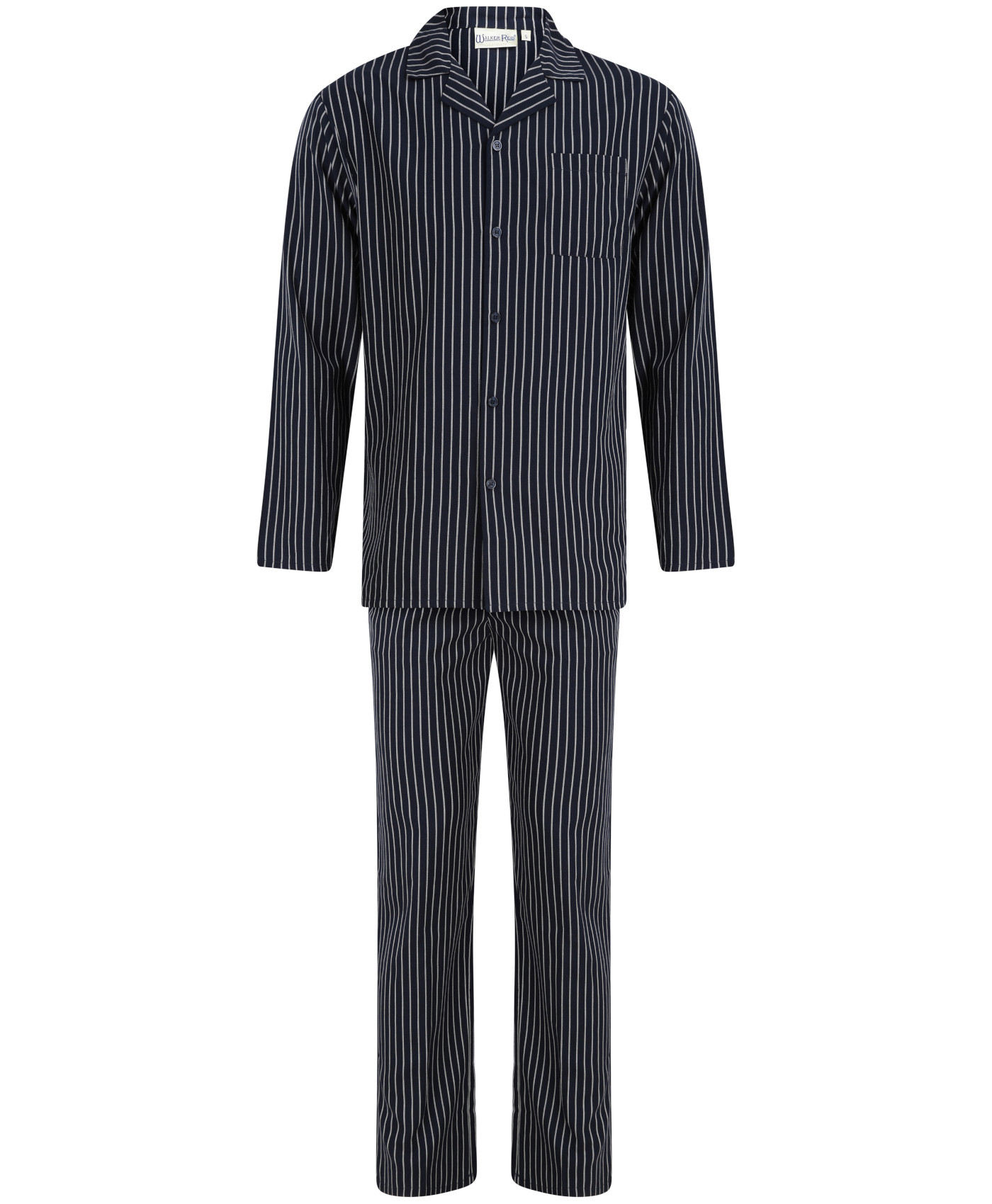 Walker Reid Mens Cotton Pyjamas Navy Stripe Traditional Long Sleeved PJs Set - Picture 7 of 18