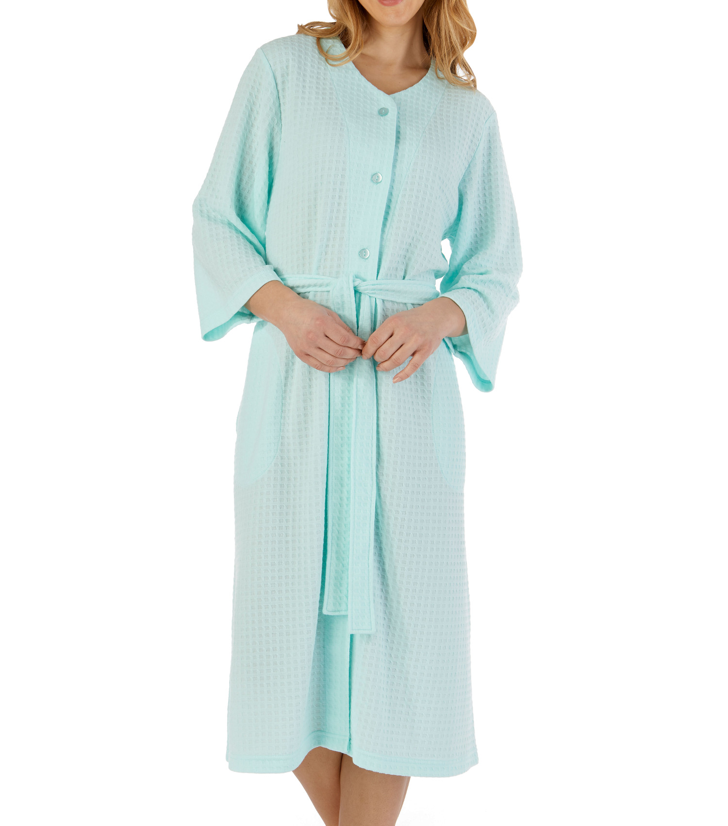Bathrobe Womens 3/4 Sleeve Waffle Button Up Housecoat Dressing Gown Slenderella - Picture 19 of 46