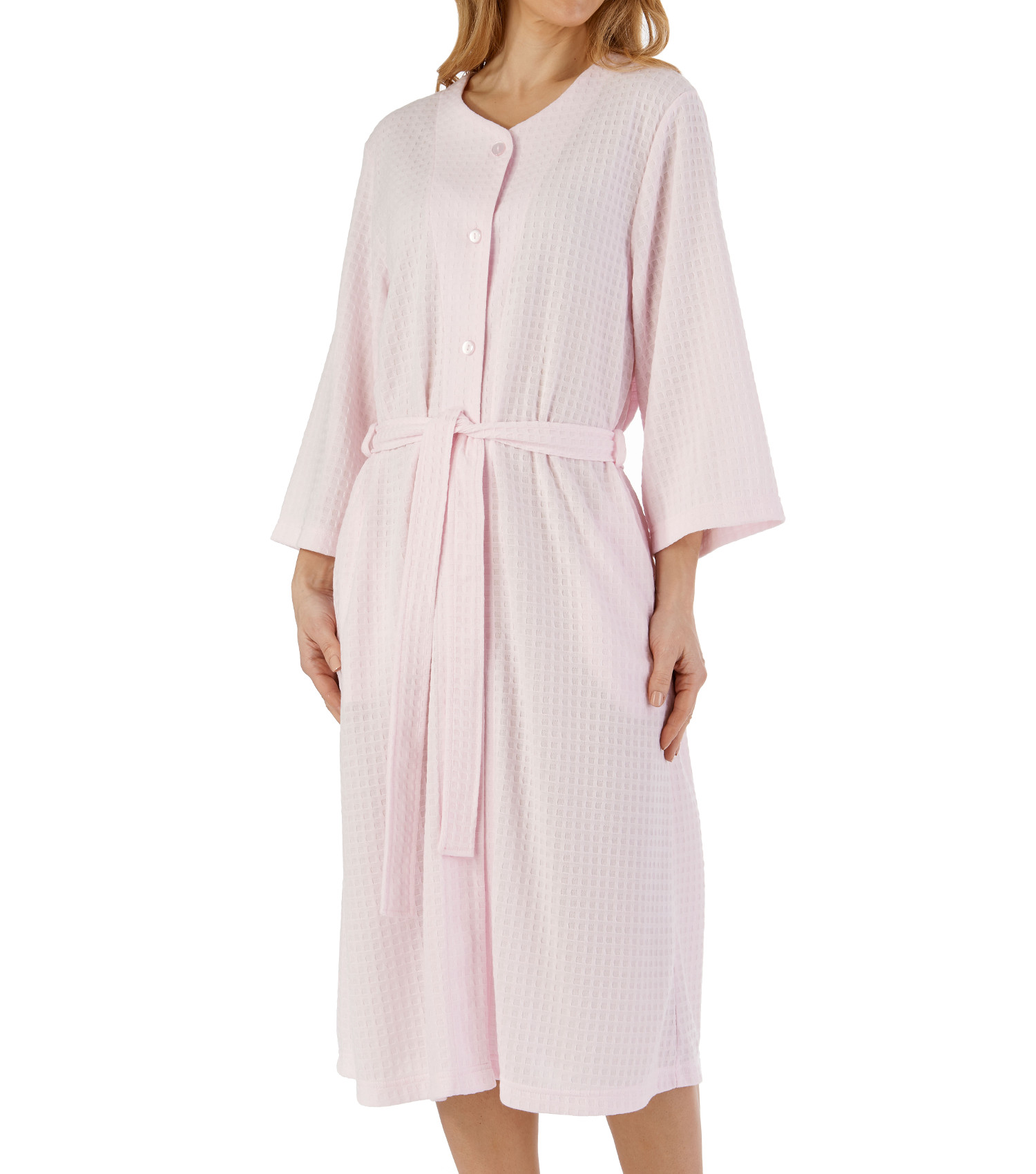 Bathrobe Womens 3/4 Sleeve Waffle Button Up Housecoat Dressing Gown Slenderella - Picture 36 of 46